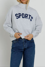 Sunny Somewhere Navy Sports Mockneck heather ash pullover sweatshirt with navy arched varsity SPORTS print womens western boutique Utah SKU SS204HASPO