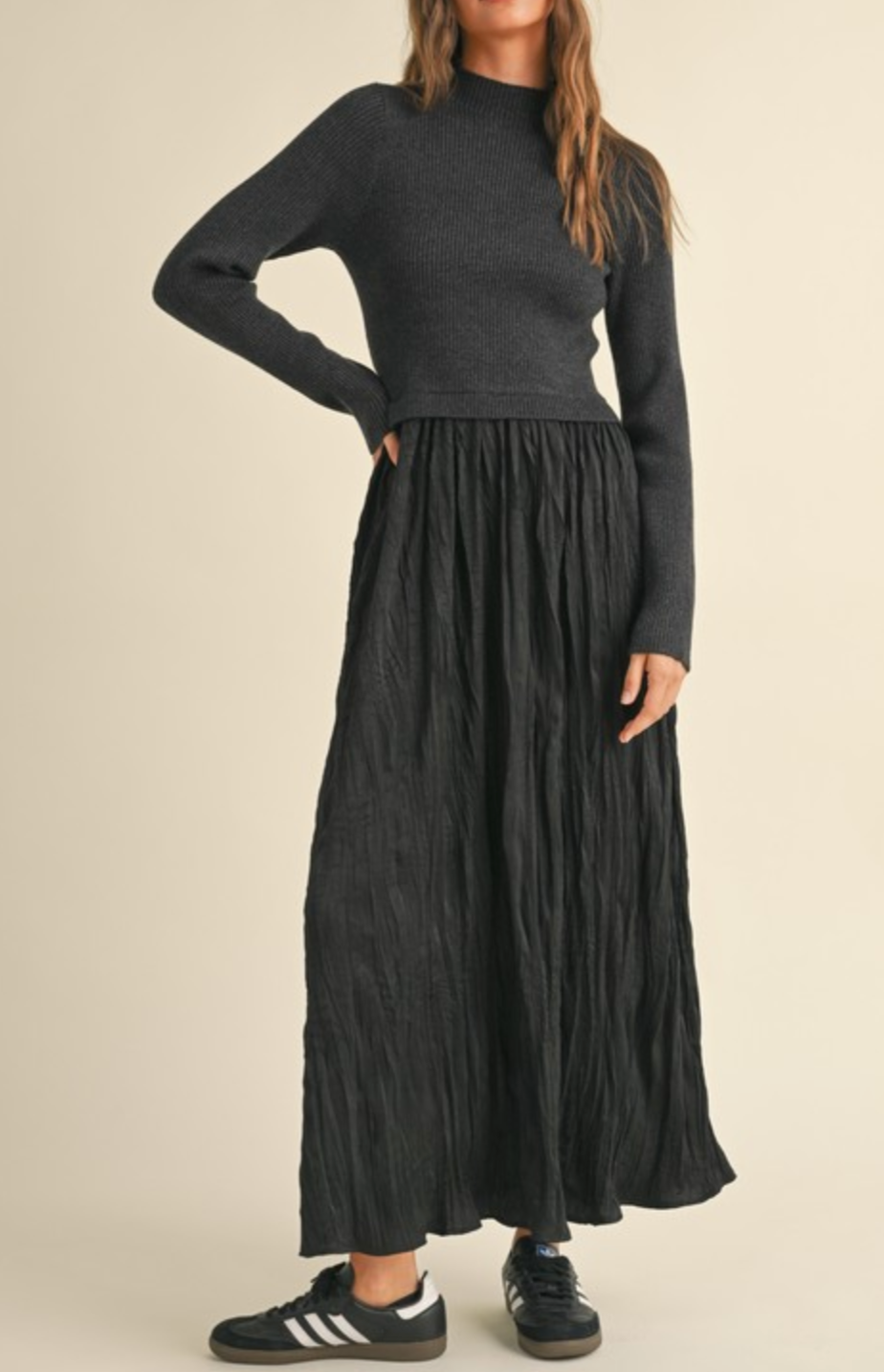 Sweater Combo Woven Dress Miou Muse Womens sweater dress womens dresses at bolt ranch store black grey winter dress wedding formal