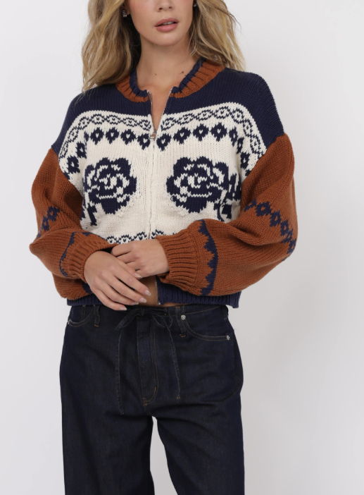 Sweet Rose Jacquard Zip Sweater womens fall from Sage the Label at Boltranchstore.com free shippiing