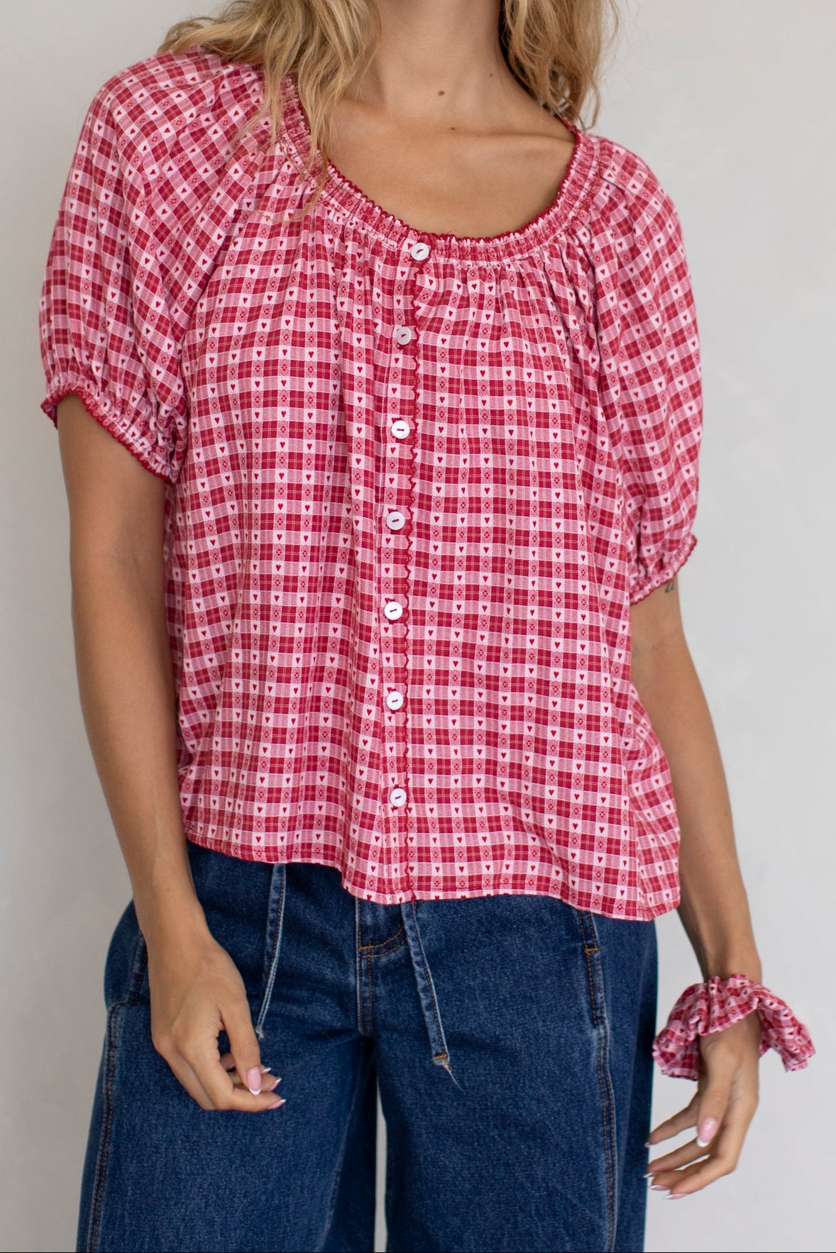Sara Gingham Puff Blouse