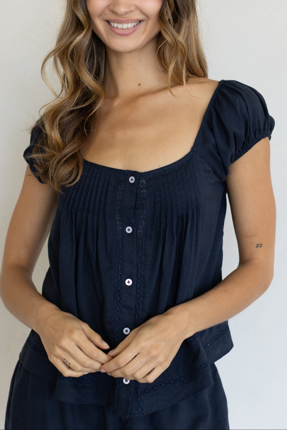 Things Between Paisley Blouse midnight navy linen and viscose blouse with crochet lace trim womens western boutique Utah TBT14940 Boltranchstore.com