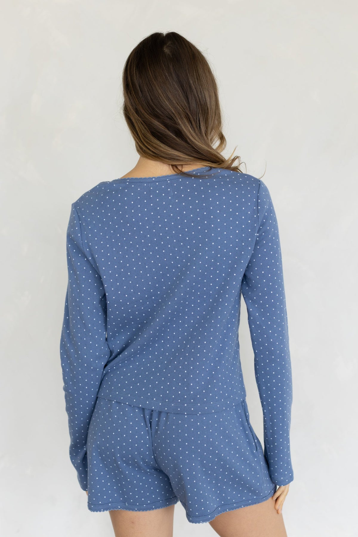Things Between Jeannie Polka Dot Henley Top pairs with matching polka dot shorts as a lounge set for everyday wear ranch wear Kamas