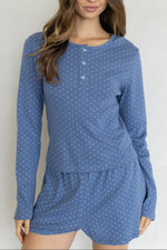 Things Between Jeannie Polka Dot Henley Top dusty blue cotton pointelle knit with white polka dots womens western boutique Utah TBT15034 Boltranchstore.com