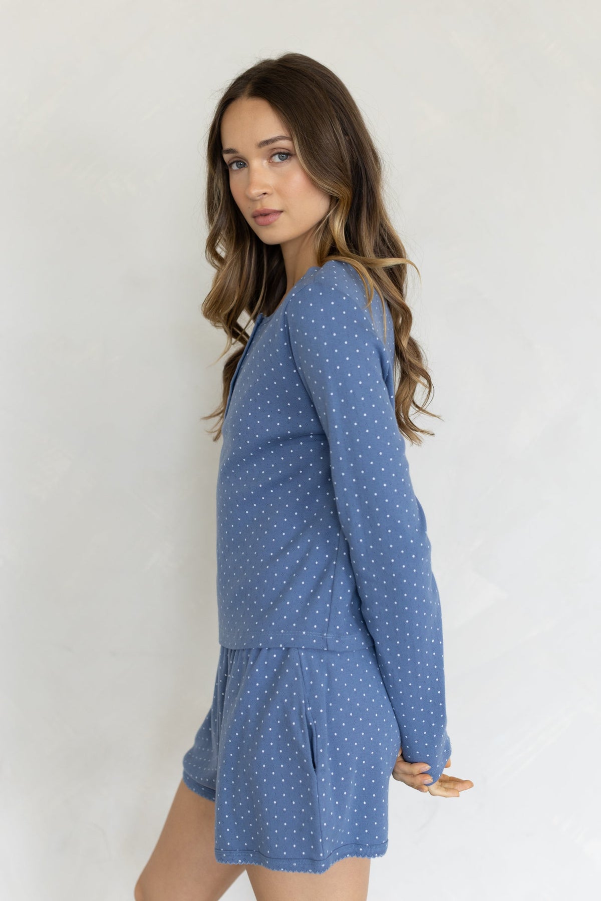 Things Between Jeannie Polka Dot Henley Top long sleeve henley silhouette with an easy relaxed fit western fashion