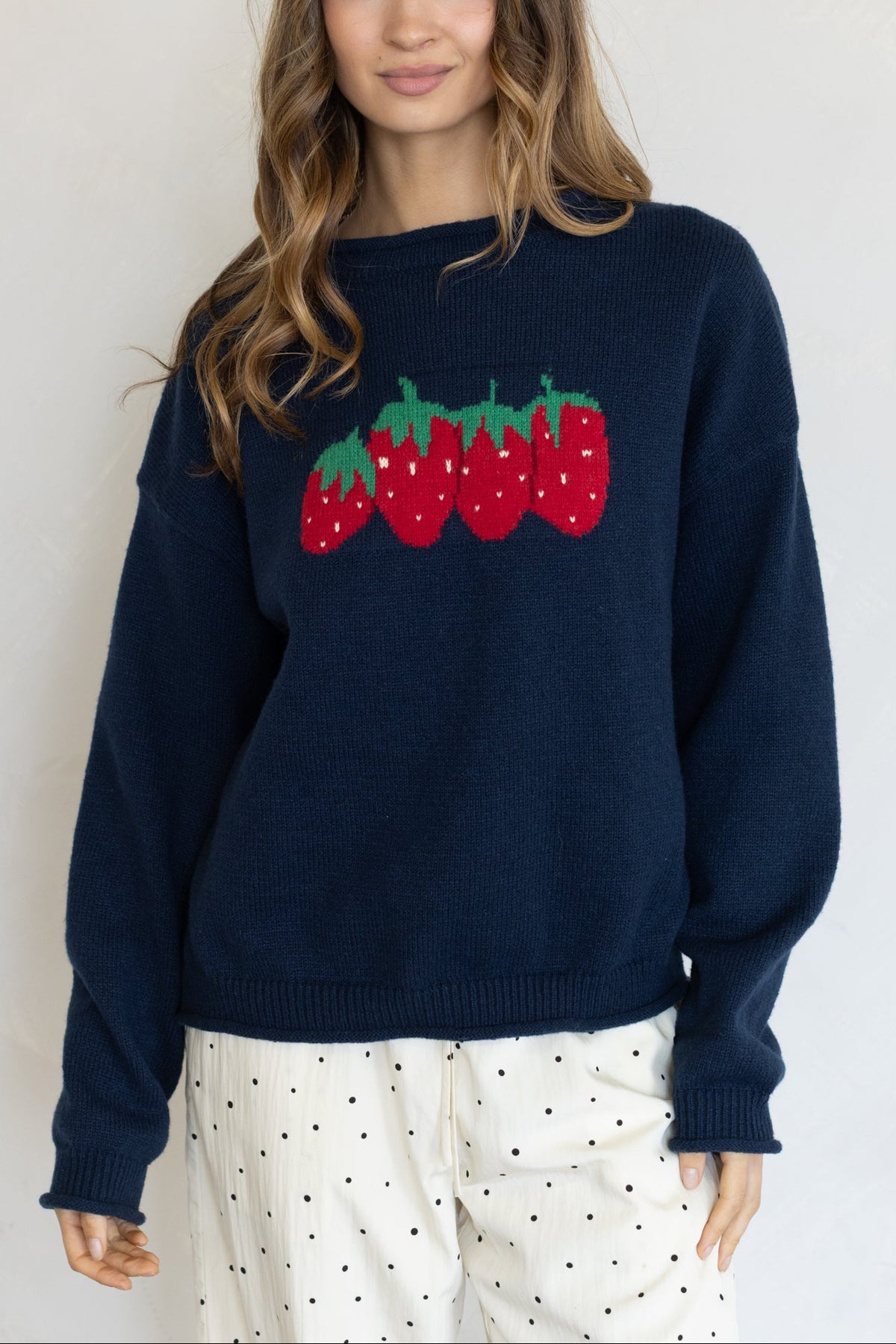 Things Between Strawberry Sweater navy knit pullover with red strawberry graphic womens western boutique Utah TBW15016 Boltranchstore.com