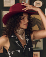 Stetson x THE GREAT Western Paisley Scarf Rust western neckerchief styled with a vest and felt hat western fashion Kamas Utah