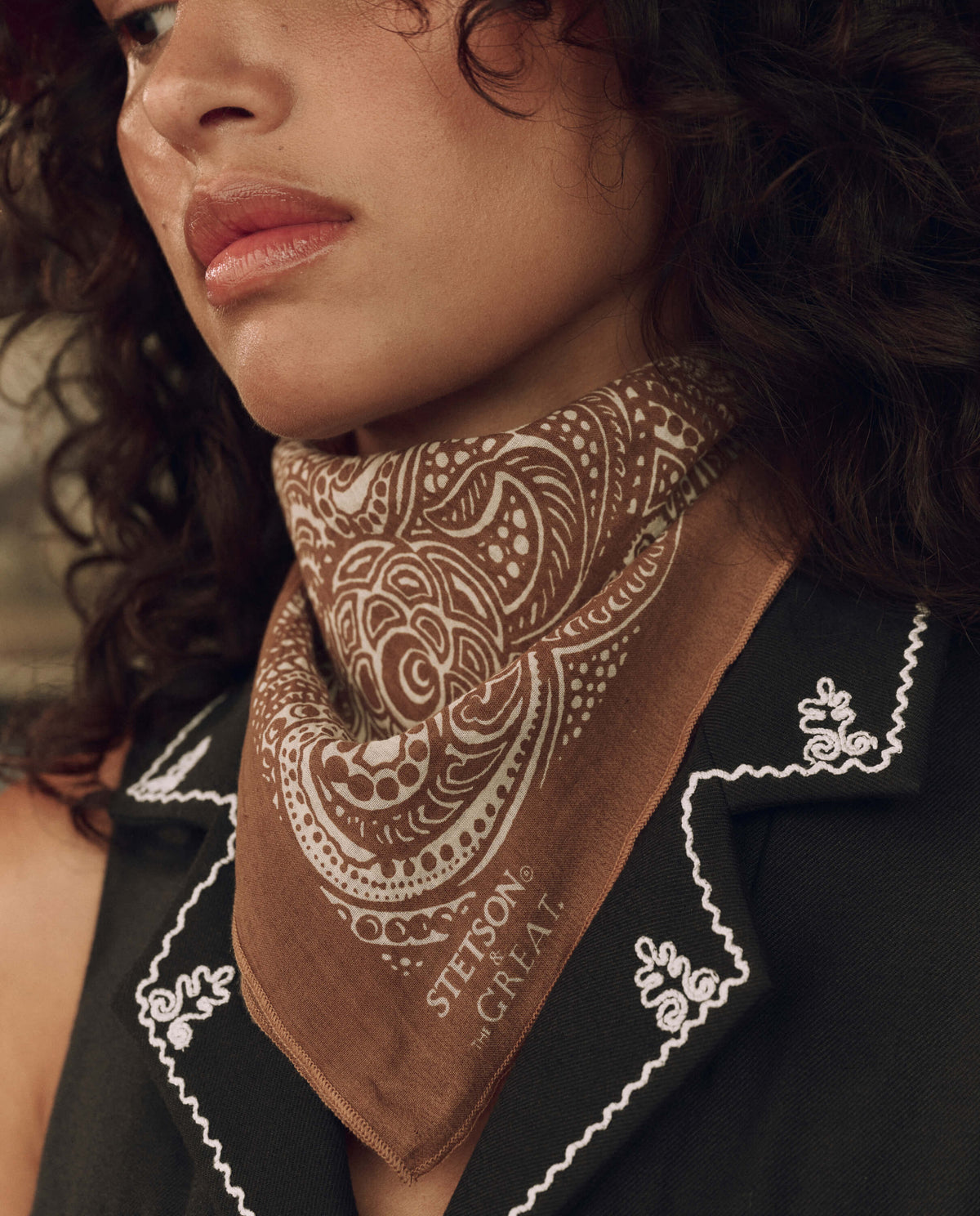 Stetson x THE GREAT Western Paisley Scarf Rust soft lived in wash square scarf tied at the neck western clothing
