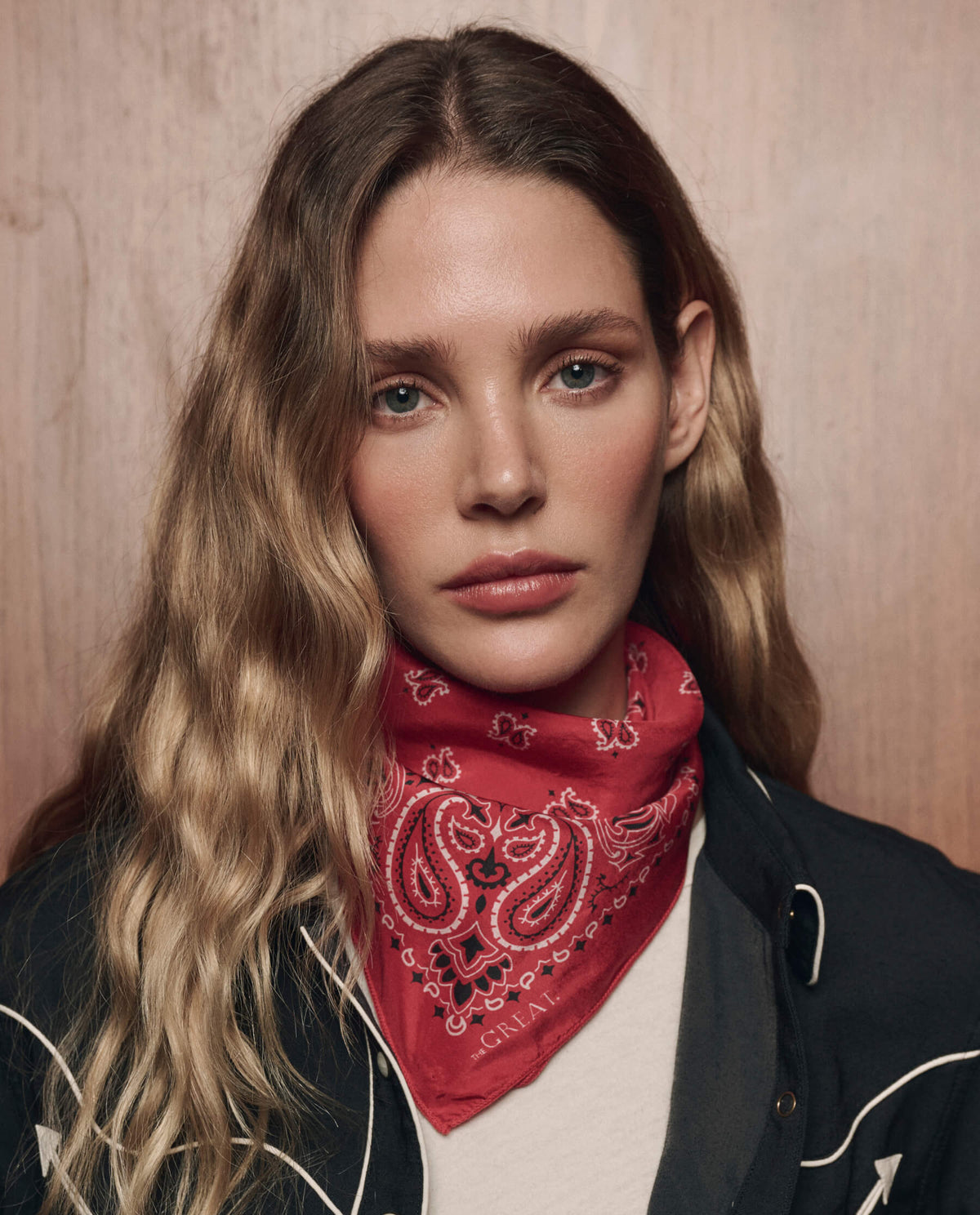 The Great Silk Bandana True Red lightweight silk neckerchief tied for cowgirl style