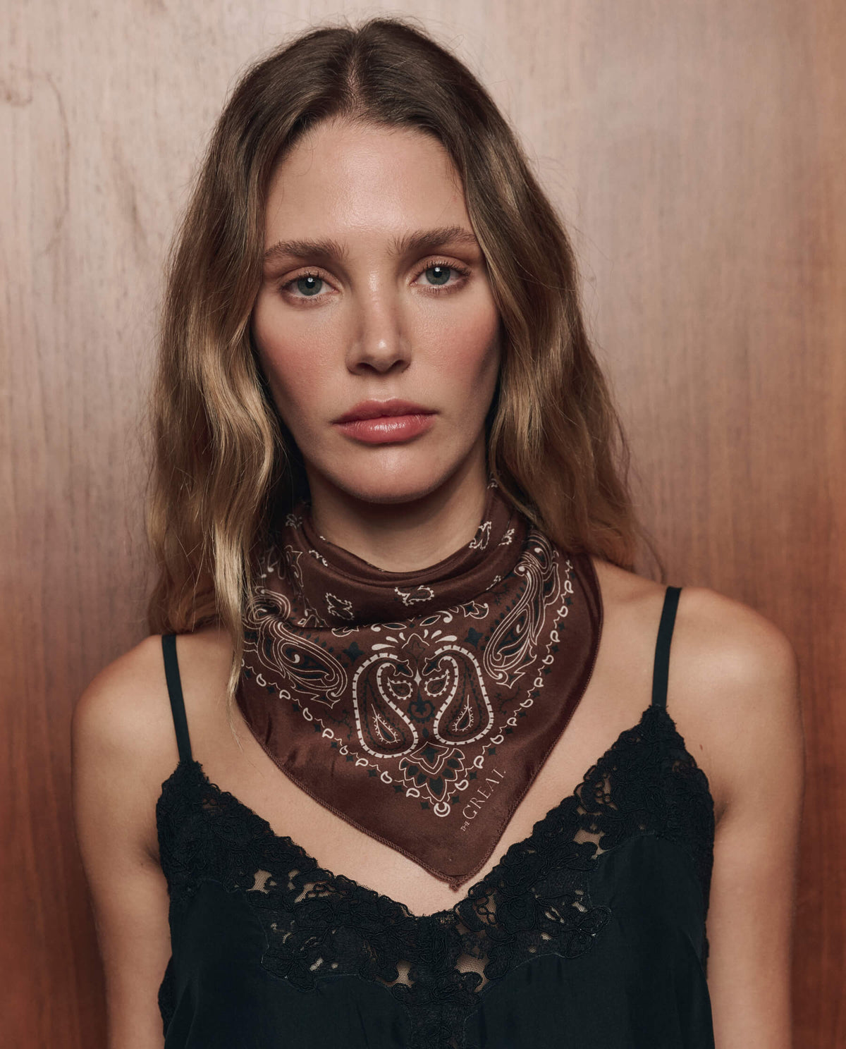 The Great Silk Bandana Chocolate finishing accessory for denim and knits Park City western clothing