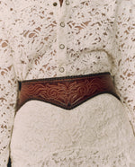 Stetson x THE GREAT Tooled Corset Belt Burnished Brown wide cinched waist shape over a lace dress western clothing