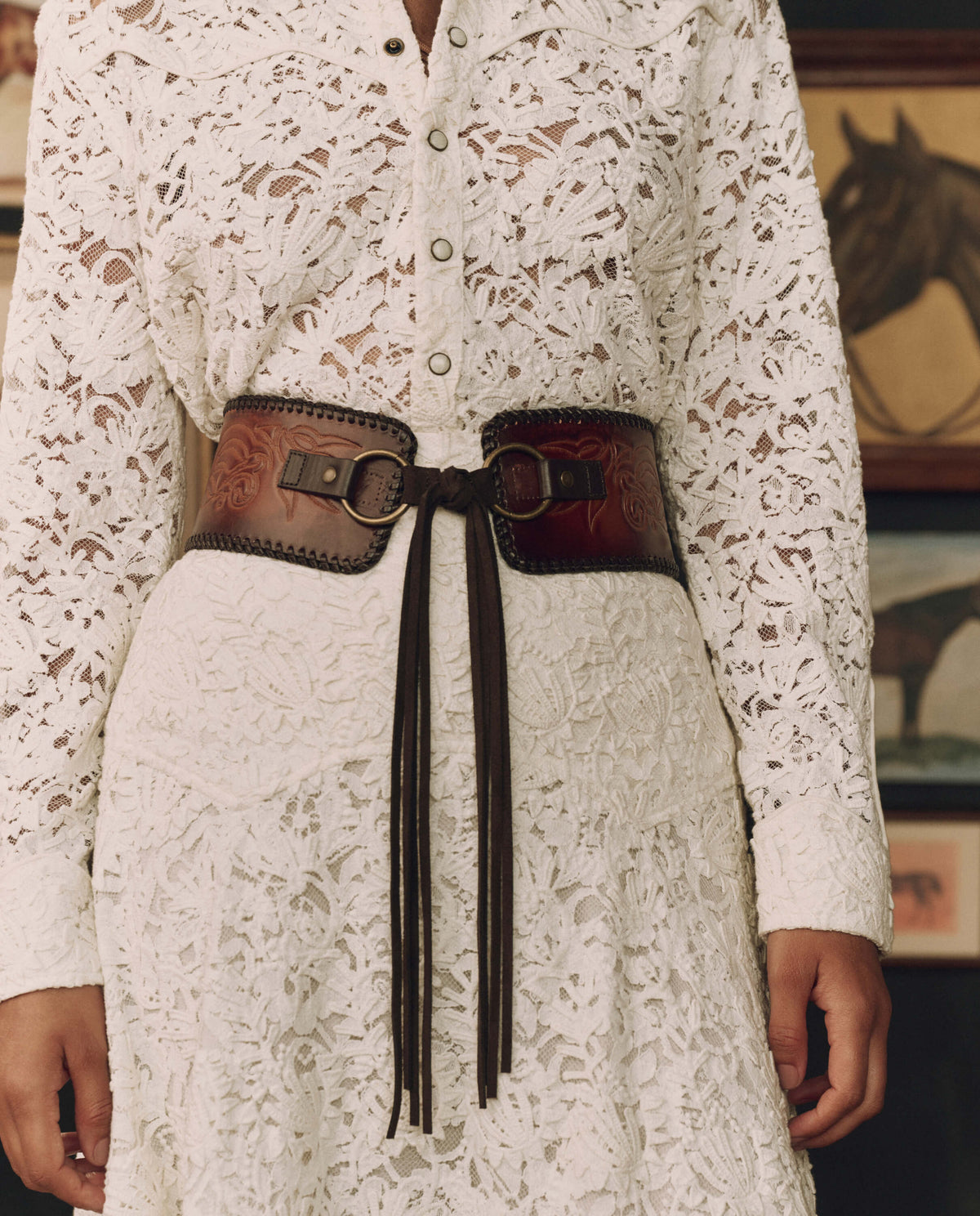 Stetson x THE GREAT Tooled Corset Belt Burnished Brown burnished brown tooled leather corset belt womens western boutique Utah SKU 9437790