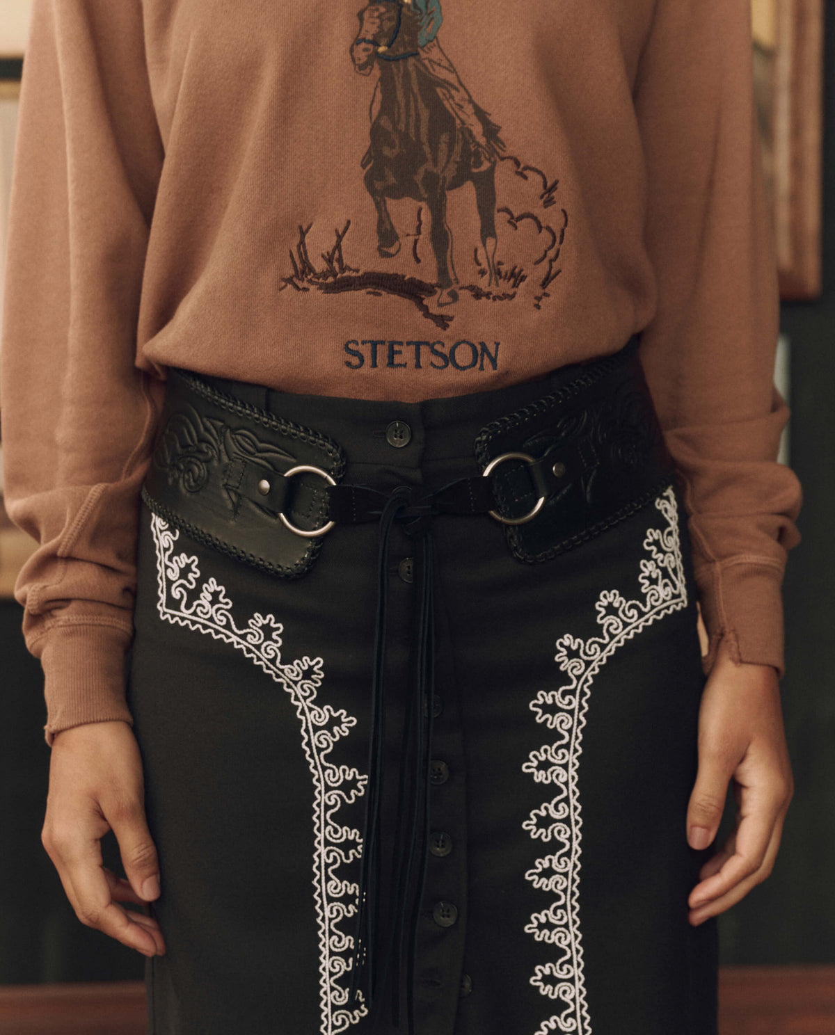 Stetson x THE GREAT Tooled Corset Belt Black three and a half inch wide cinched waist silhouette western clothing