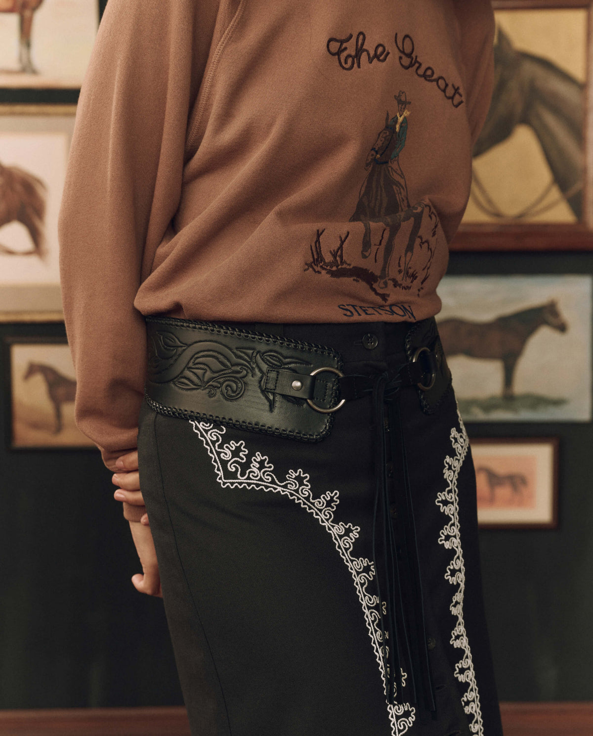 Stetson x THE GREAT Tooled Corset Belt Black black tooled top grain leather corset belt womens western boutique Utah SKU 9437790