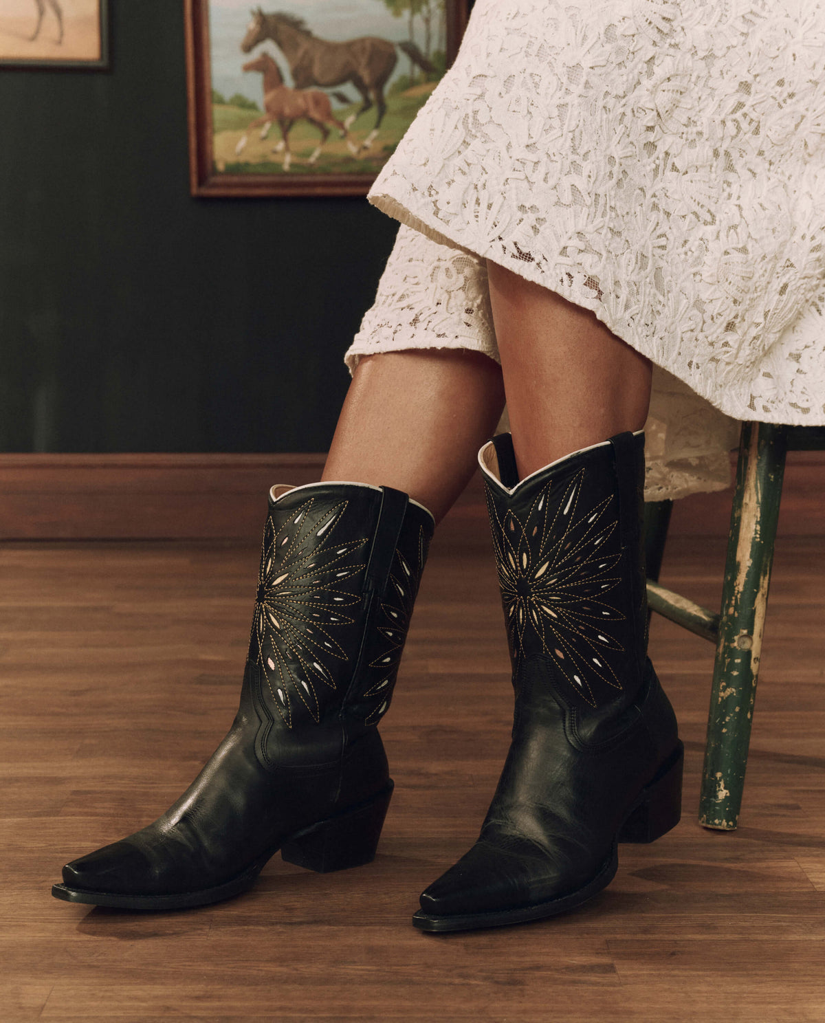 Stetson x THE GREAT Southwest Cowboy Boot Black with Gold Sunburst sunburst leather inlay with contrast stitching ranch wear