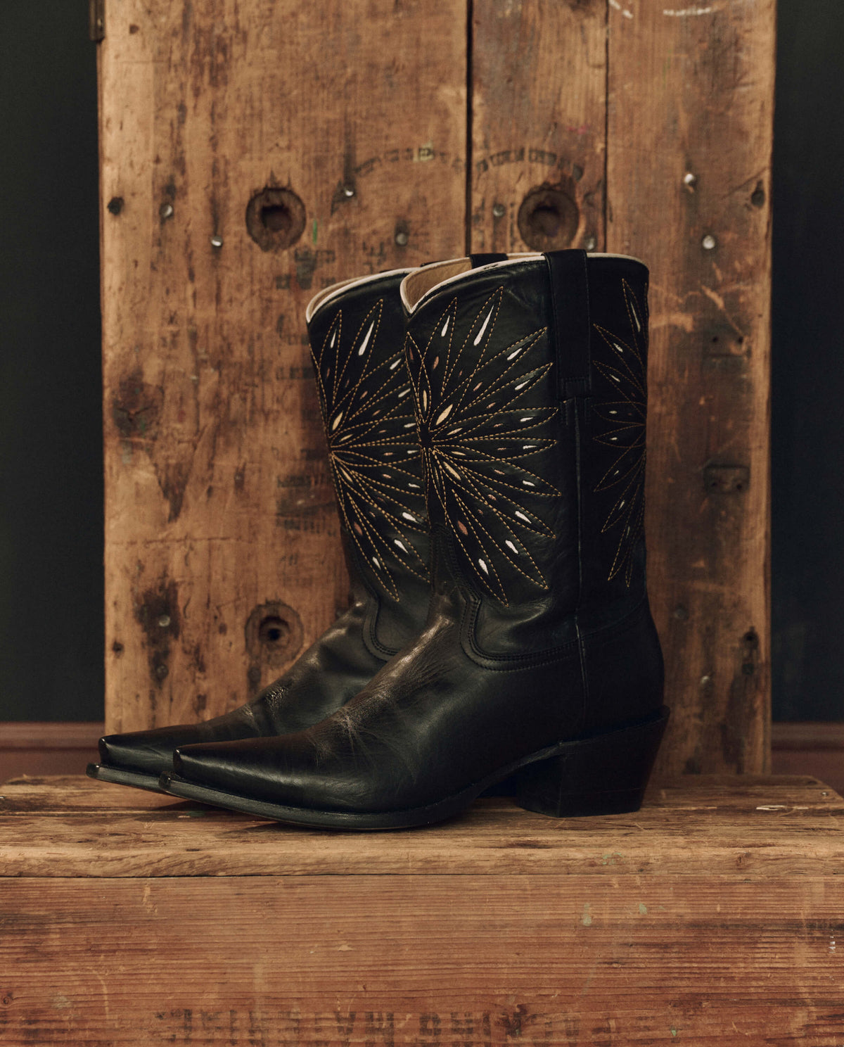 Stetson x THE GREAT Southwest Cowboy Boot Black with Gold Sunburst black leather cowboy boot with gold sunburst inlay womens western boutique Utah SKU TGSWMOTIF