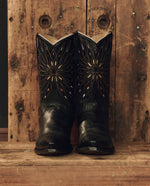 Stetson x THE GREAT Southwest Cowboy Boot Black with Gold Sunburst worn with a white lace dress western fashion Kamas Utah