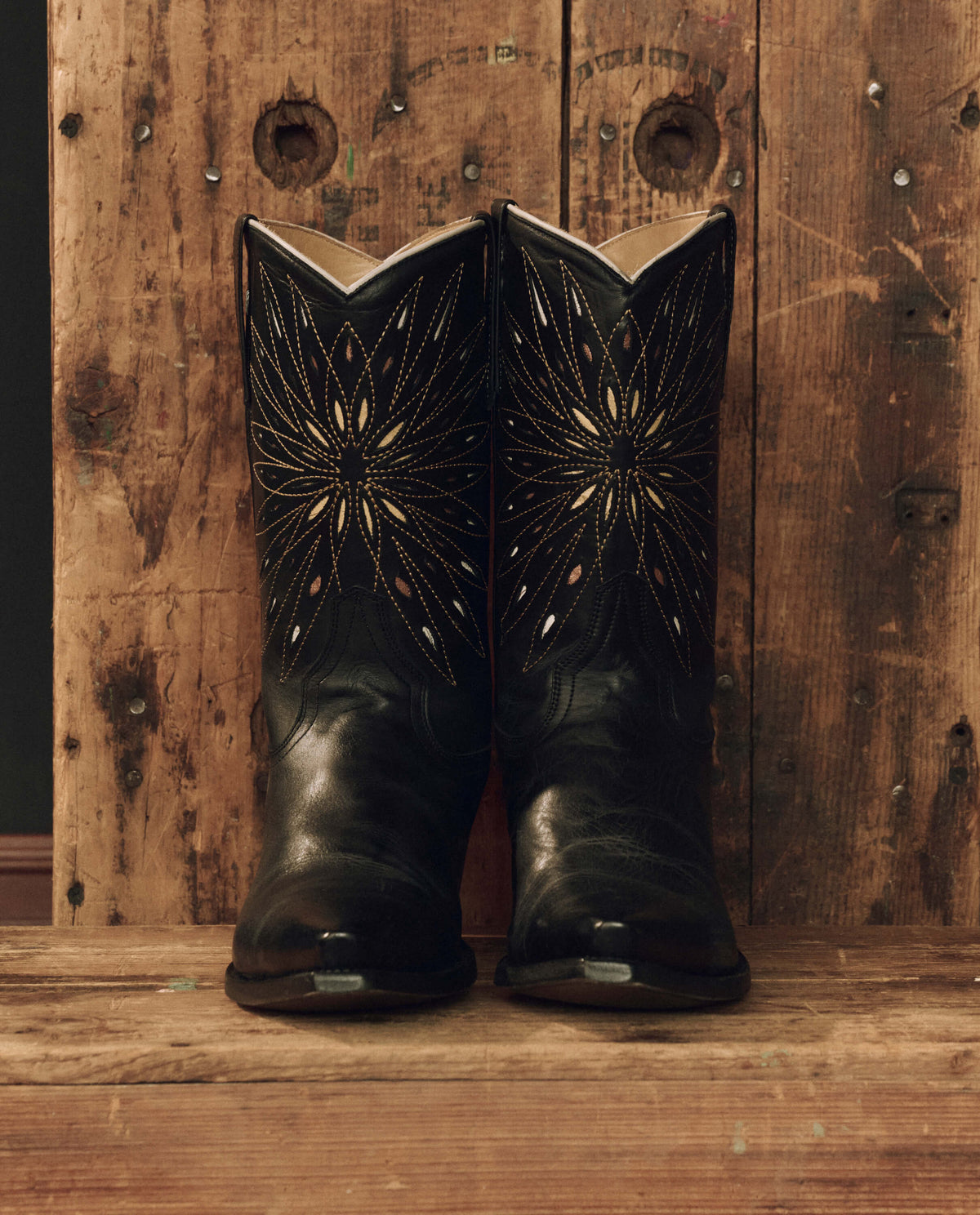 Stetson x THE GREAT Southwest Cowboy Boot Black with Gold Sunburst worn with a white lace dress western fashion Kamas Utah