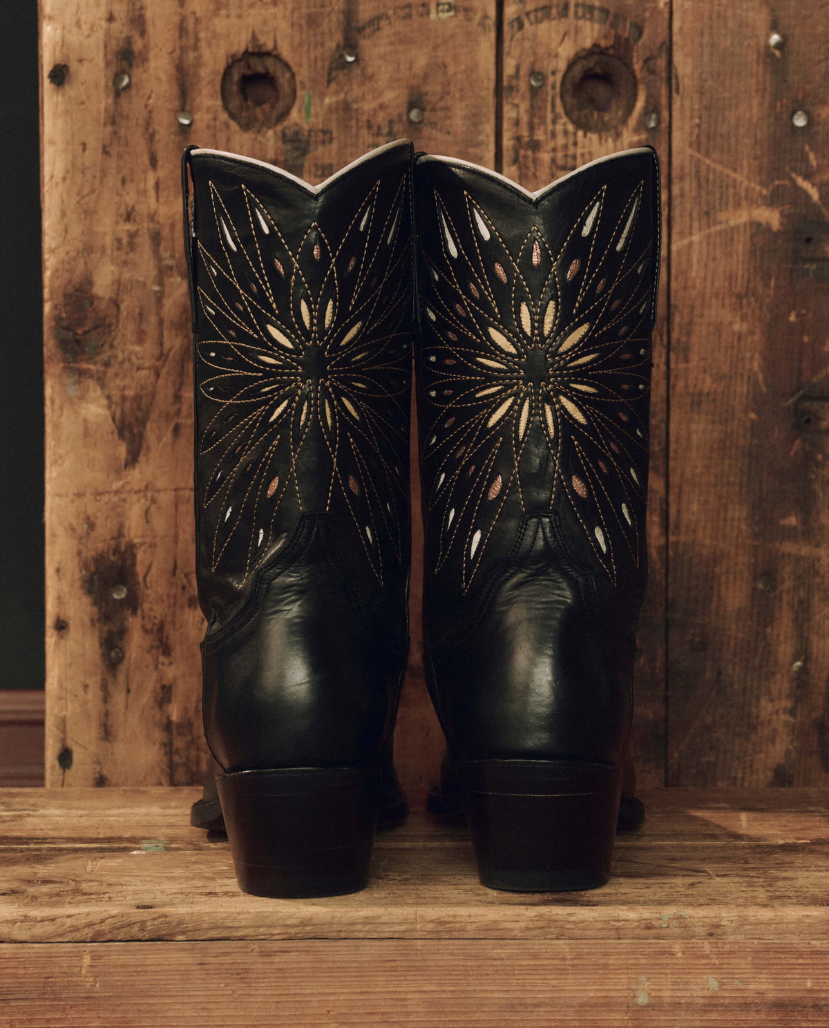 Stetson x THE GREAT Southwest Cowboy Boot Black with Gold Sunburst stacked leather heel on a co branded leather sole cowgirl style