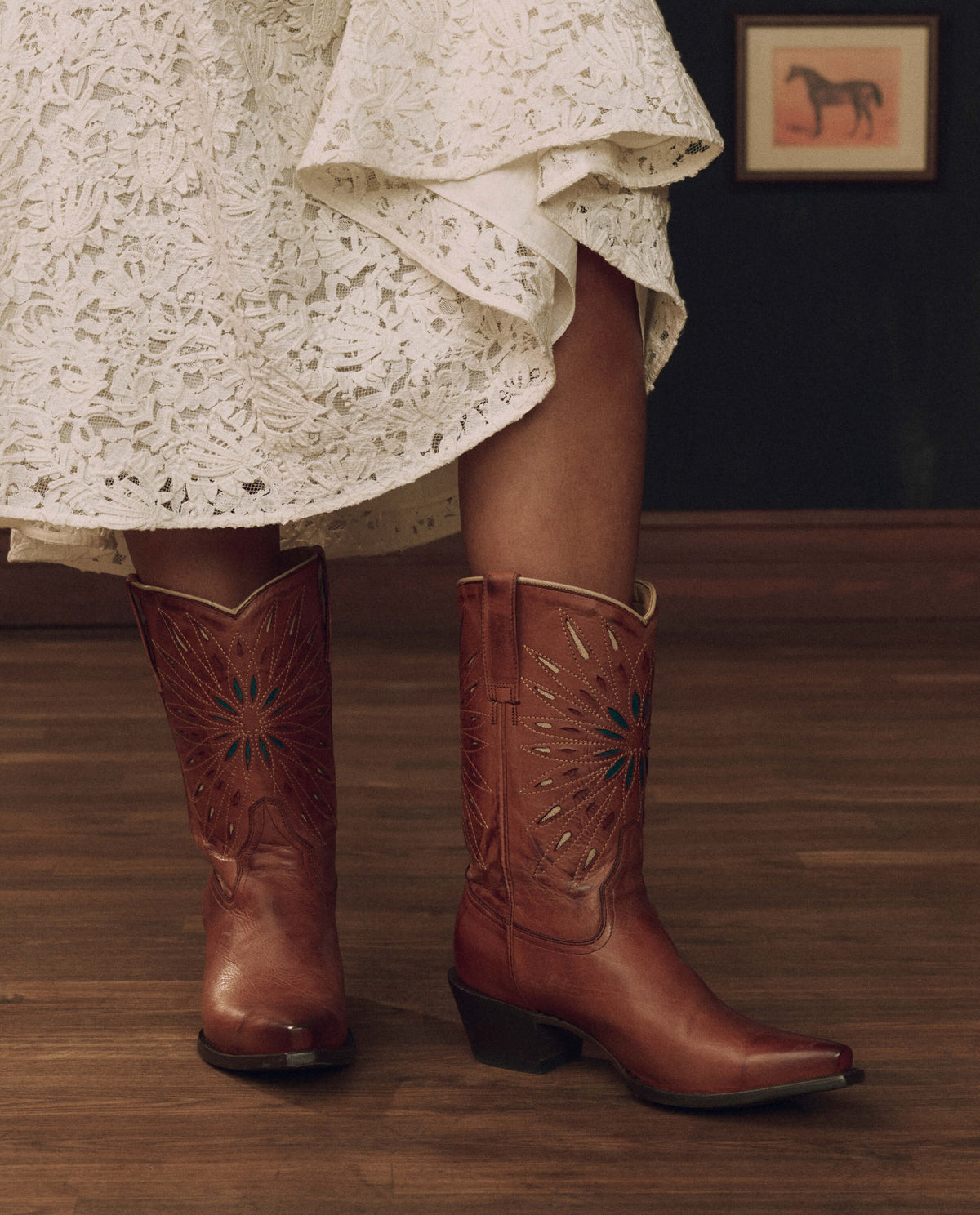 Stetson x THE GREAT Southwest Cowboy Boot Chestnut with Turquoise Sunburst chestnut leather cowboy boot with turquoise sunburst womens western boutique Utah SKU TGSWMOTIF