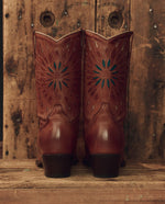 Stetson x THE GREAT Southwest Cowboy Boot Chestnut with Turquoise Sunburst pegged leather sole with stacked heel cowgirl style