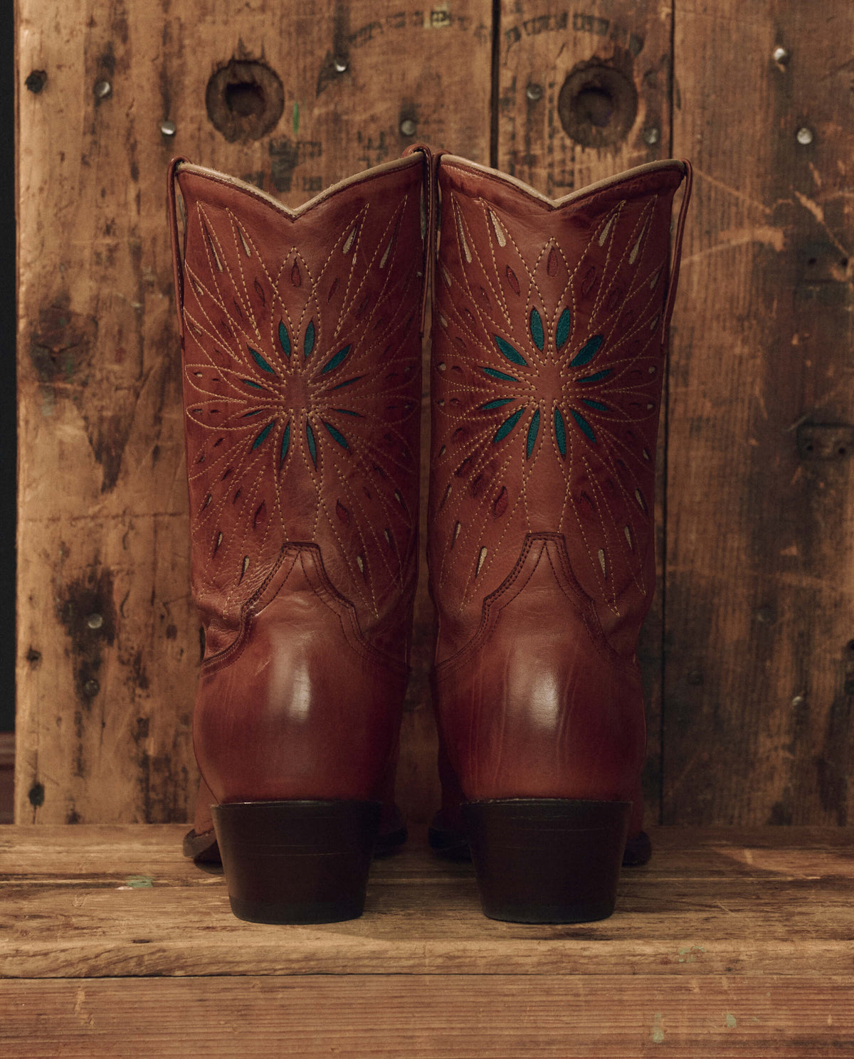 Stetson x THE GREAT Southwest Cowboy Boot Chestnut with Turquoise Sunburst pegged leather sole with stacked heel cowgirl style