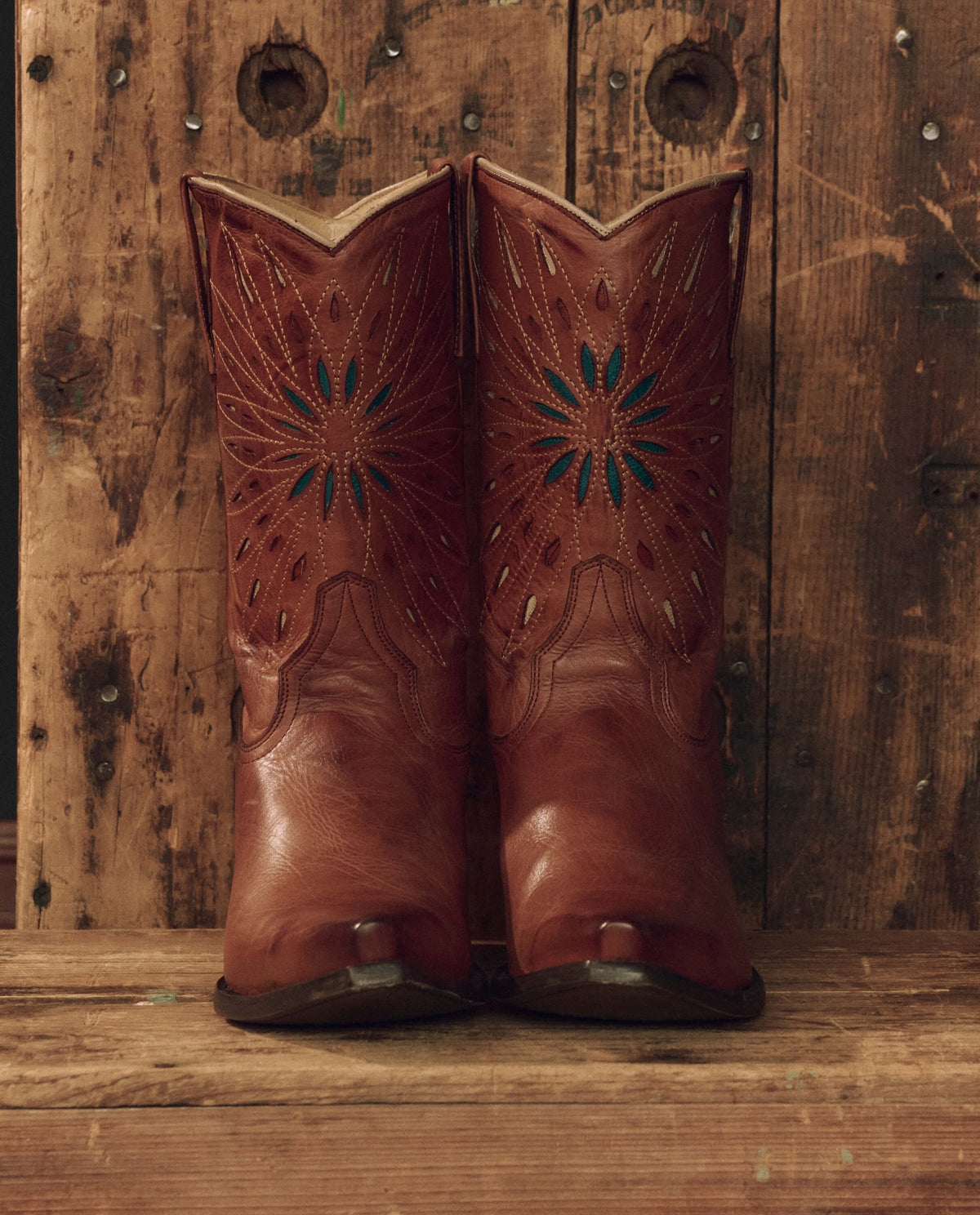 Stetson x THE GREAT Southwest Cowboy Boot Chestnut with Turquoise Sunburst styled with a cream lace skirt western fashion Kamas Utah