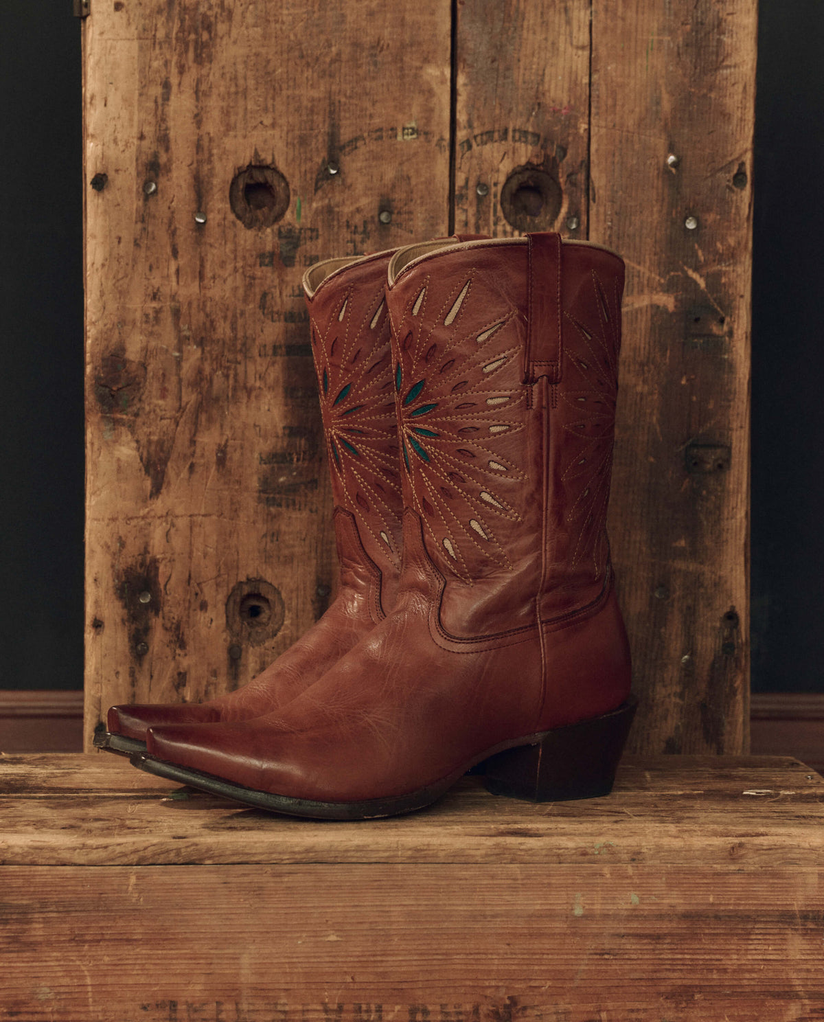 Stetson x THE GREAT Southwest Cowboy Boot Chestnut with Turquoise Sunburst turquoise sunburst inlay and contrast stitch detail ranch wear