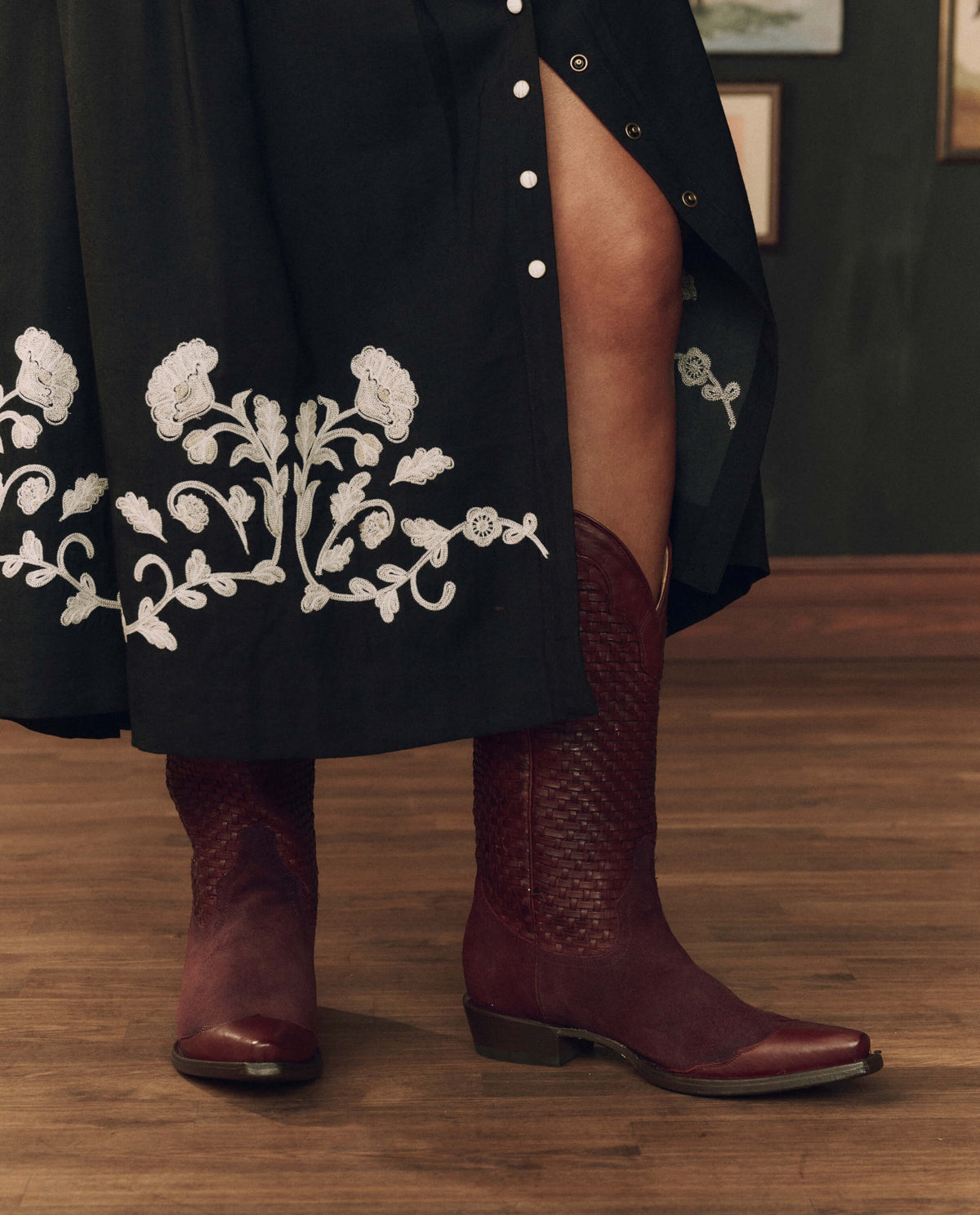 Stetson x THE GREAT Basket Weave Cowboy Boot Oxblood snip toe cowboy boot silhouette western clothing
