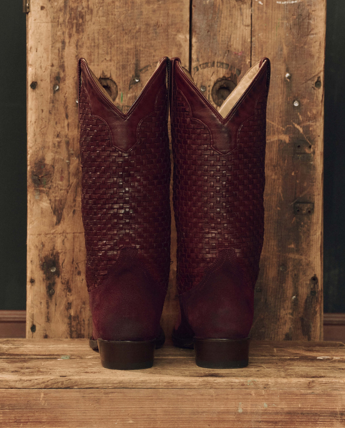 Stetson x THE GREAT Basket Weave Cowboy Boot Oxblood stacked leather heel and lemonwood pegged sole cowgirl style