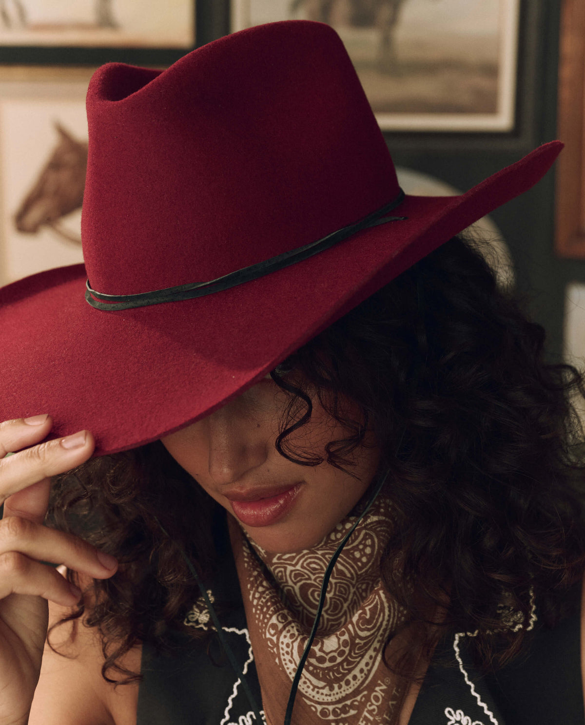 Stetson x THE GREAT Ridge Hat Maroon leather string hatband with chincord and bead detail ranch wear