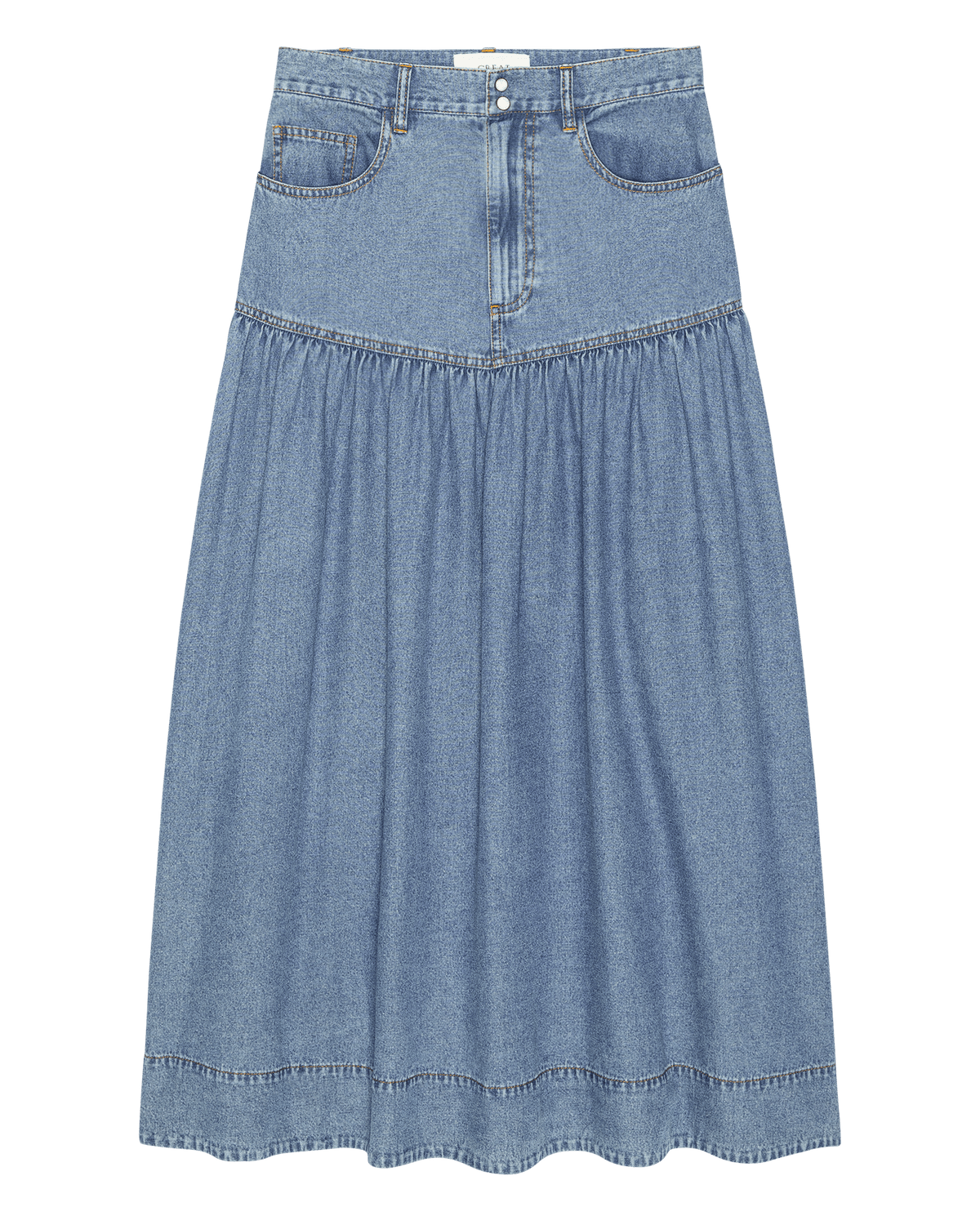 Womens fashion western clothing Utah boutique THE GREAT The Western Yoke Skirt Oldham Wash SKU K195030OLDHM Boltranchstore com free shipping