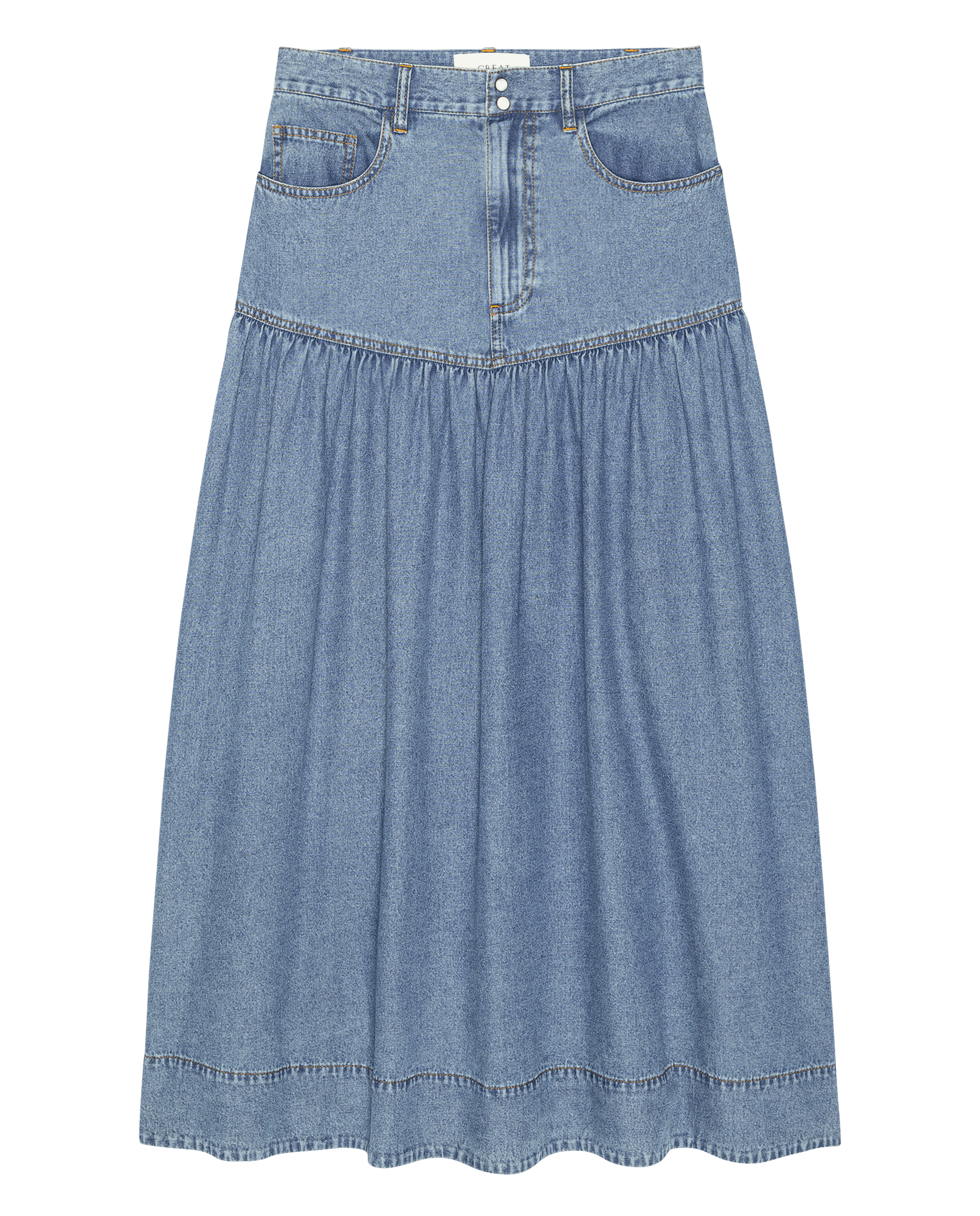 Womens fashion western clothing Utah boutique THE GREAT The Western Yoke Skirt Oldham Wash SKU K195030OLDHM Boltranchstore com free shipping