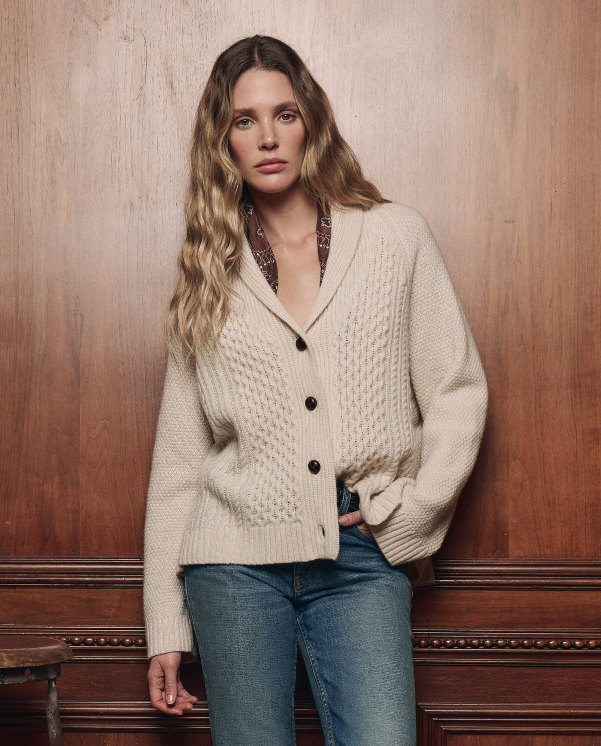 Womens western boutique rodeo western clothing THE GREAT The Cashmere Cable Lodge Cardigan Cream SKU S529522CREAM Boltranchstore com free shipping