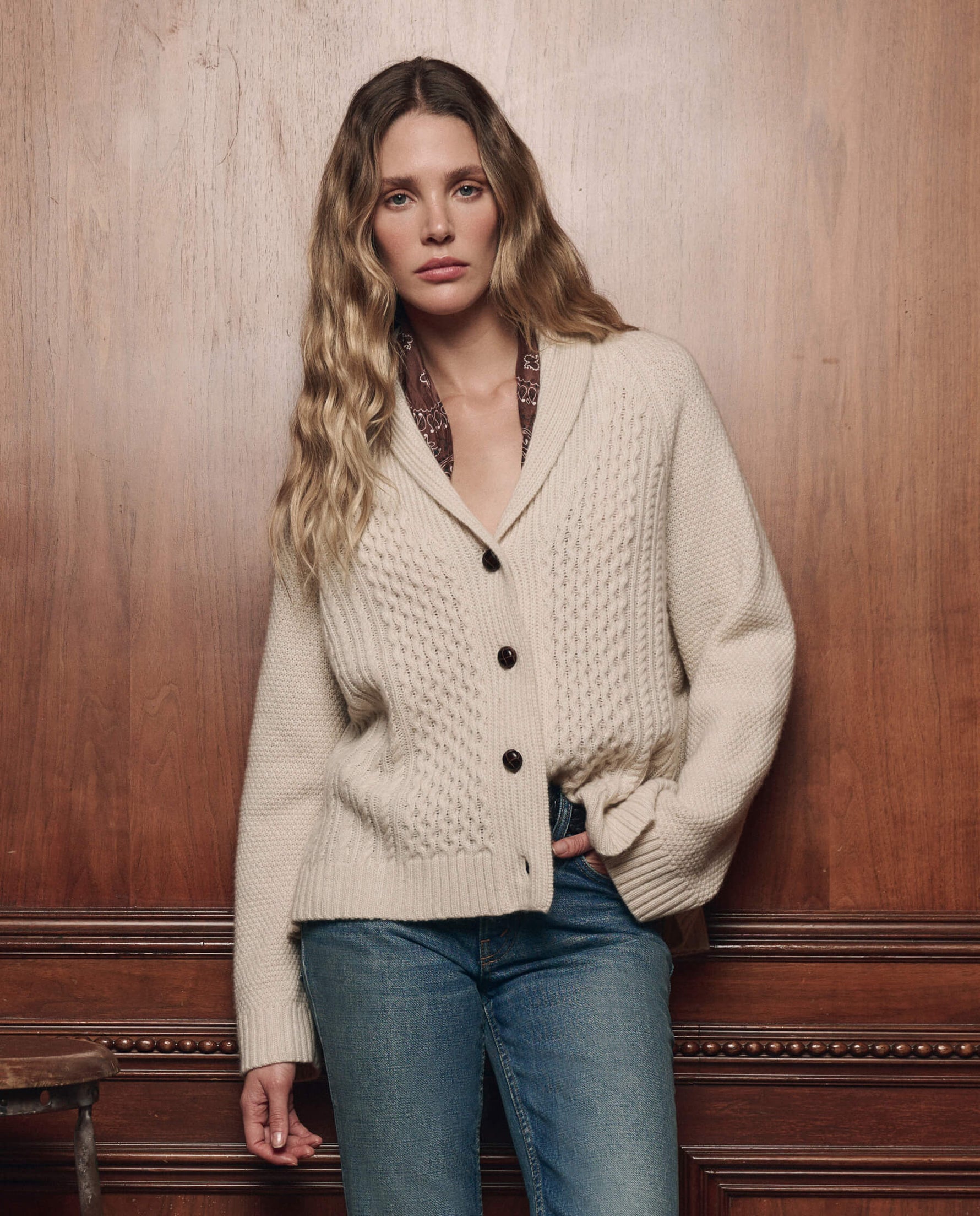 Womens western boutique rodeo western clothing THE GREAT The Cashmere Cable Lodge Cardigan Cream SKU S529522CREAM Boltranchstore com free shipping