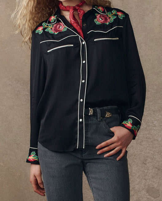The Great Heirloom Rose Western Shirt embroidered rose snapup front and long sleeve with embroidered roses on the cuffs available at boltranchstore.com