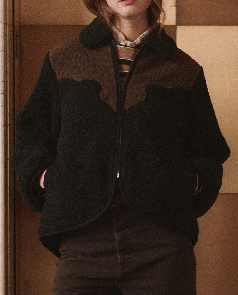 The Great Reversible Western Yoke Pasture Jacket Black With Brown black plush zip jacket with brown western yoke womens western boutique Utah SKU J440026BKCRM