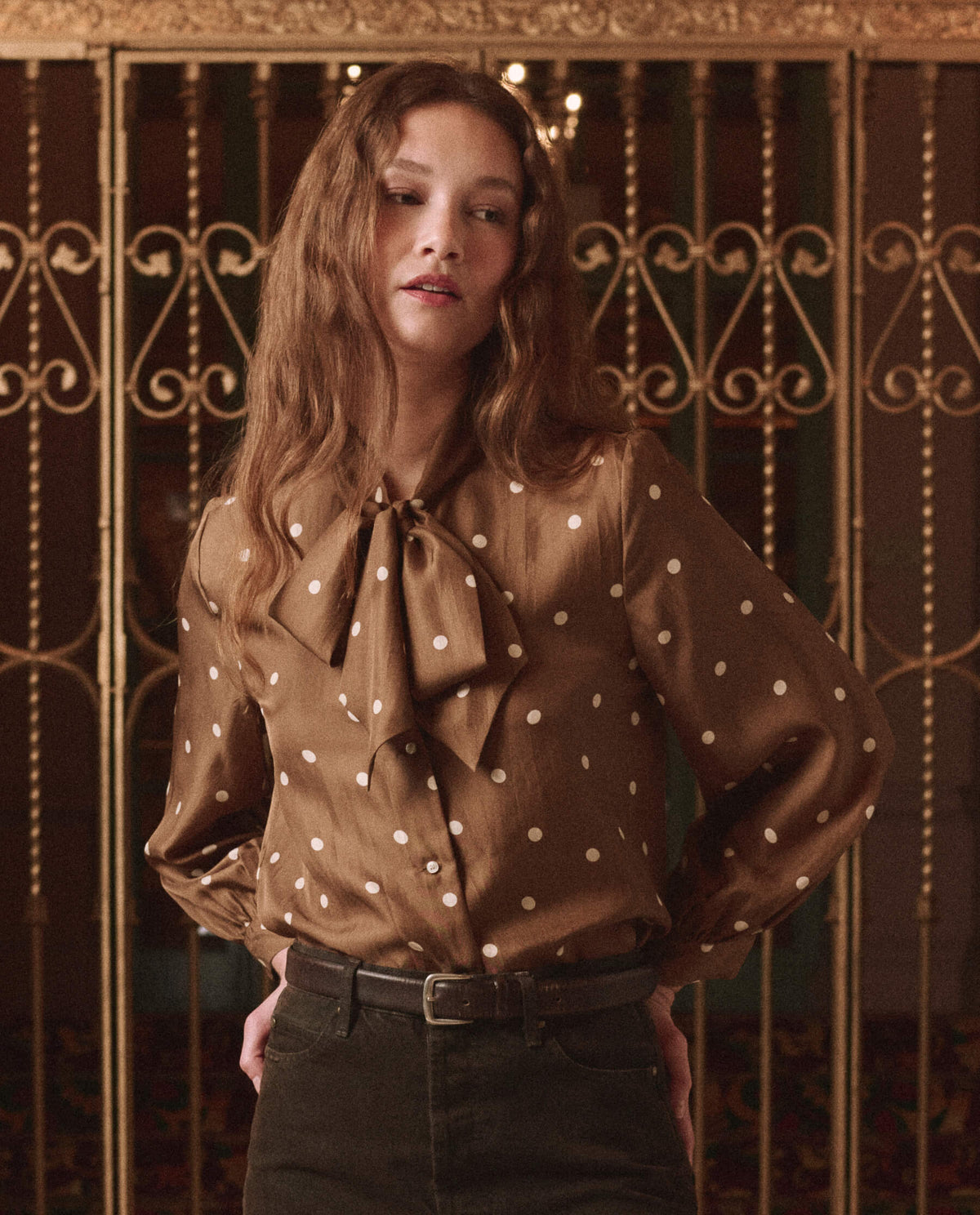 The Great Zenith Top Copper Bubble Dot full blouson long sleeves gathered at the cuff