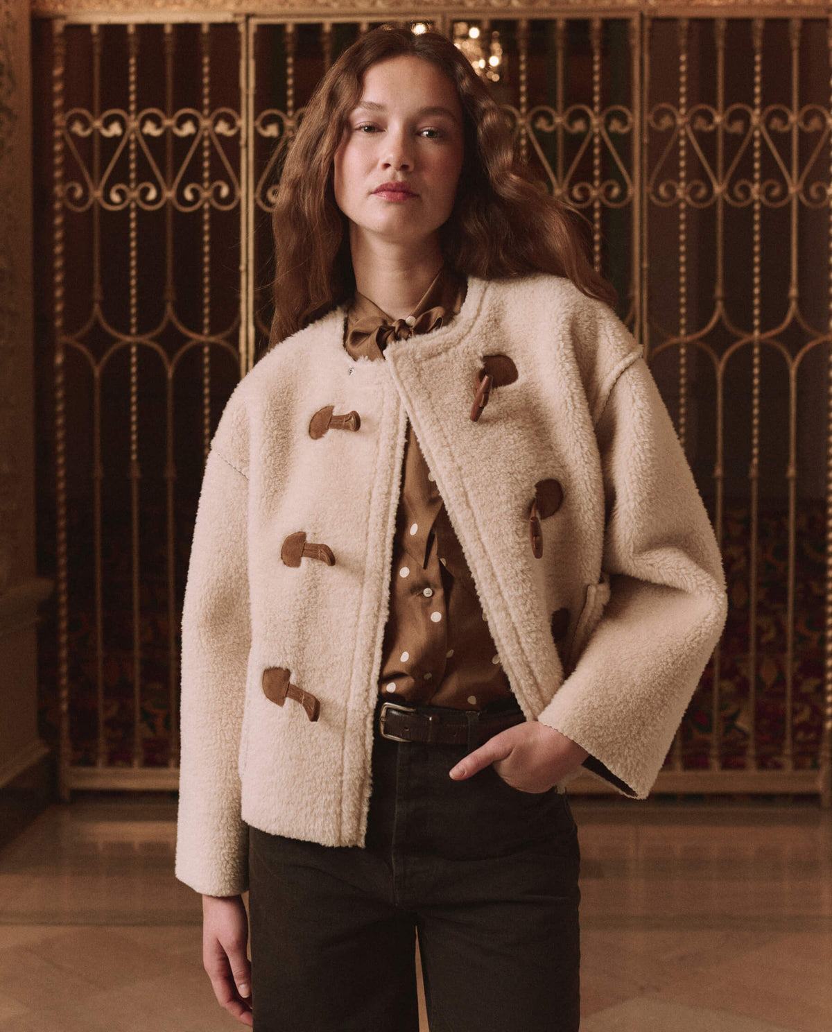 The Great Woodside Toggle Coat Cream cropped boxy silhouette with collarless neckline western fashion