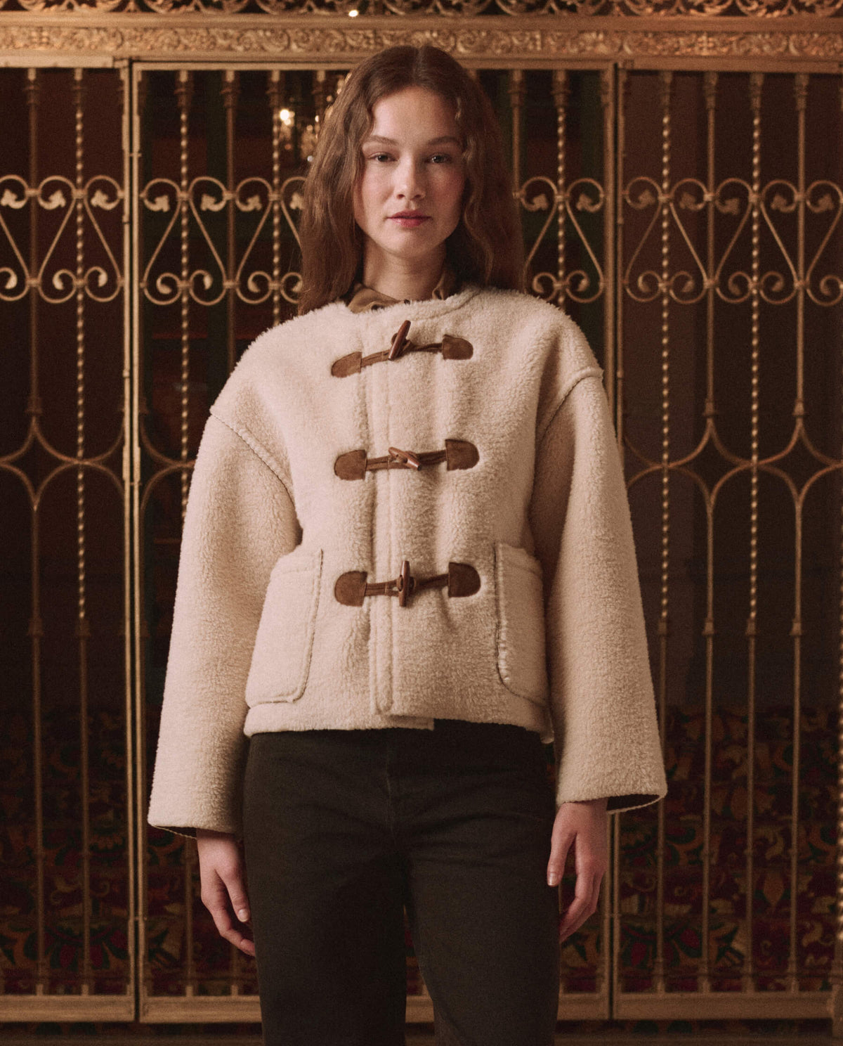 The Great Woodside Toggle Coat Cream suede loop and toggle hardware down the front placket
