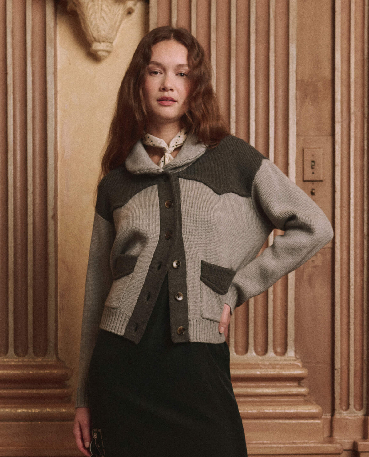 The Great Western Cardigan Two Tone Heather Grey shawl collar and button front cardigan silhouette