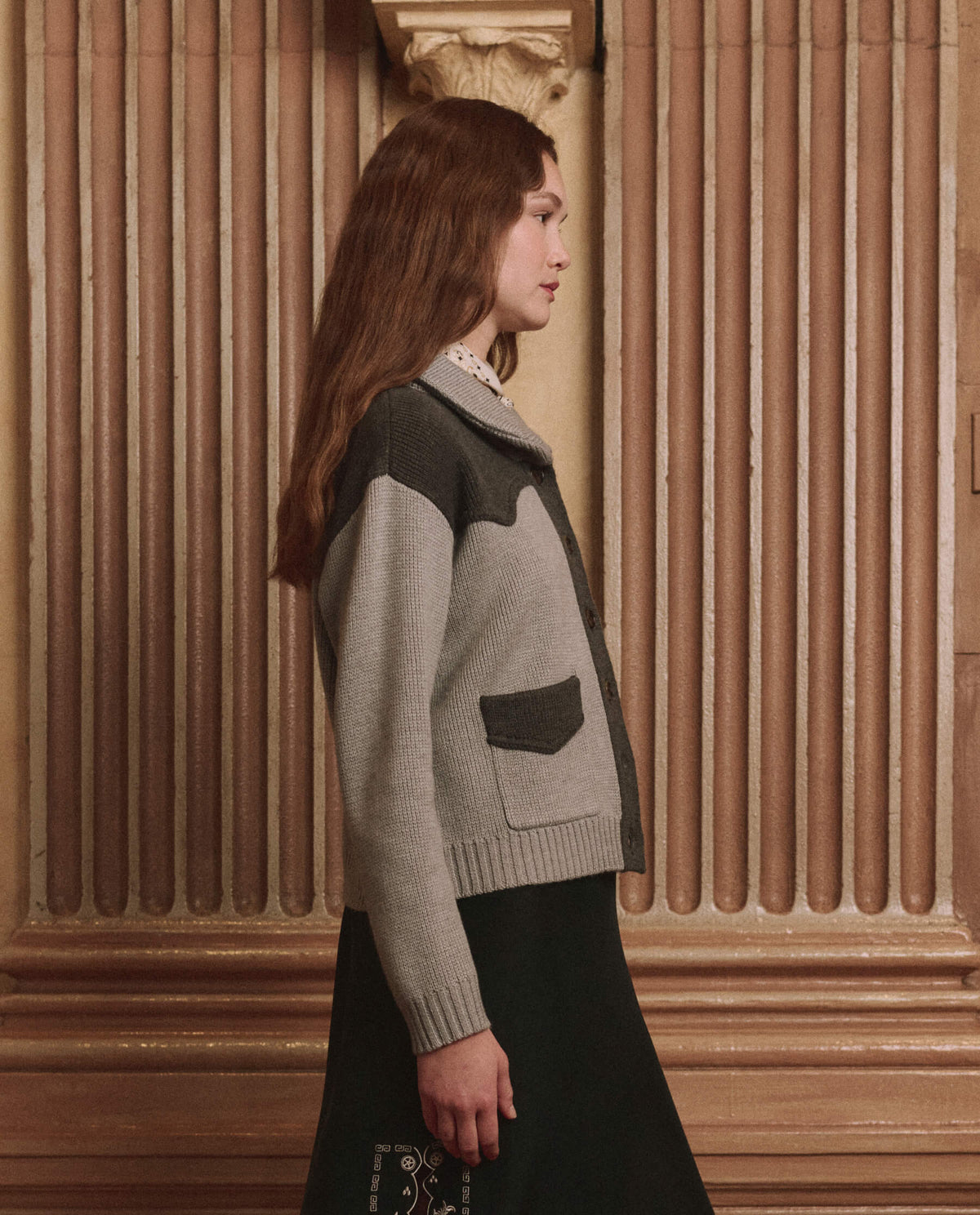 The Great Western Cardigan Two Tone Heather Grey layered over a black floral slip dress western fashion
