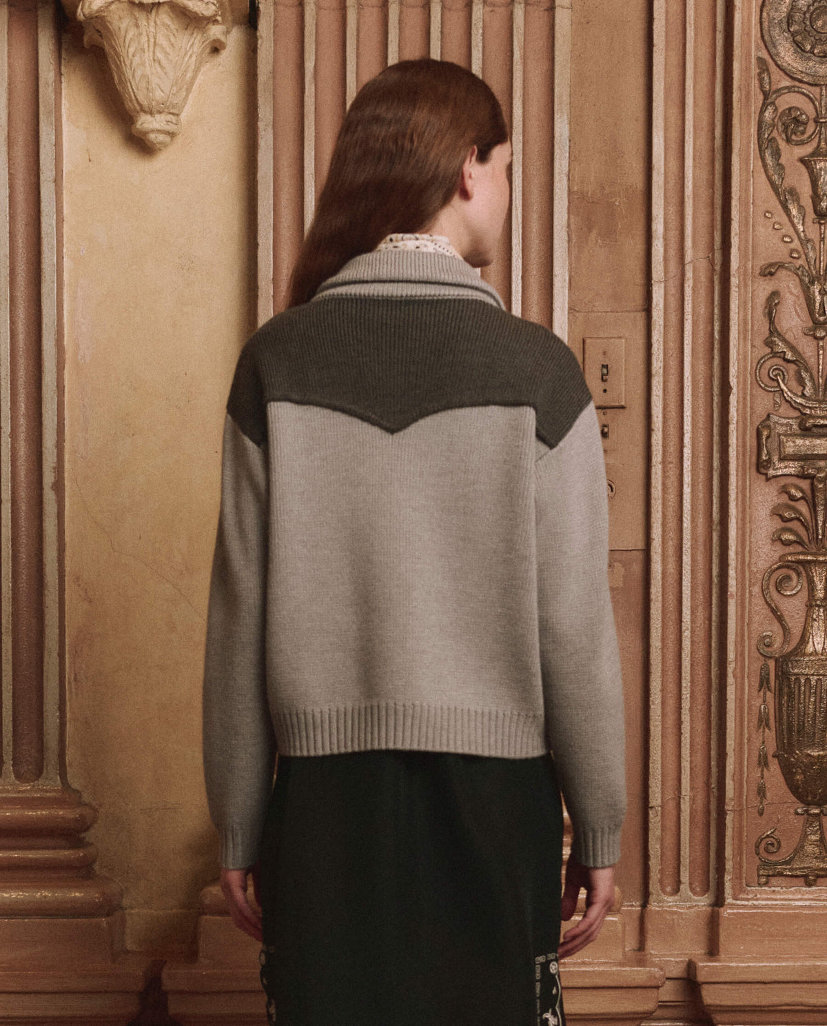 The Great Western Cardigan Two Tone Heather Grey ribbed cuffs and hem on a relaxed knit ranch wear