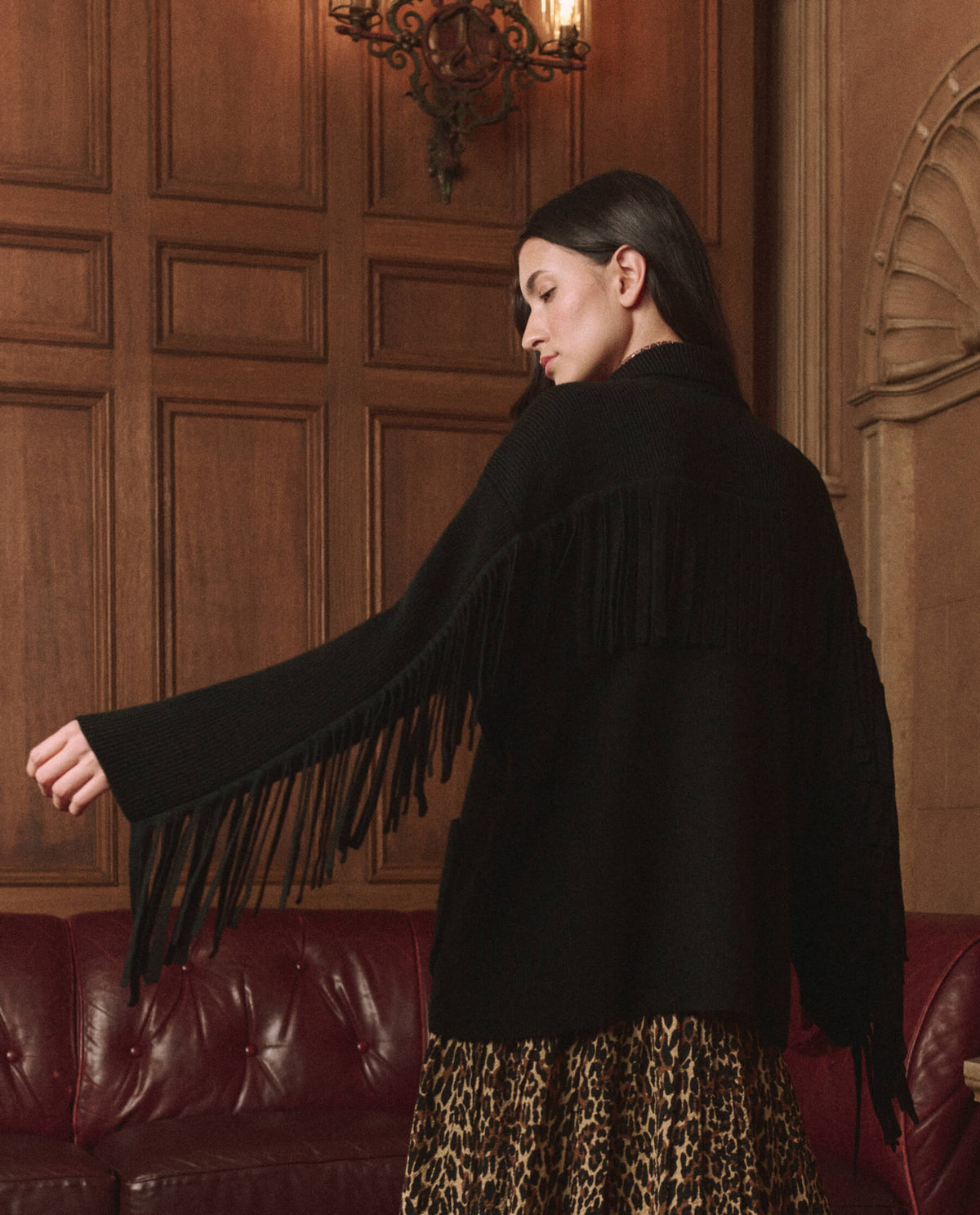 The Great Western Fringe Sweater Jacket Black long fringe across the chest yoke and down the sleeves