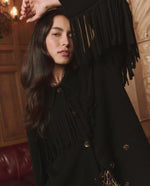 The Great Western Fringe Sweater Jacket Black point collar and button front in a straight boxy cut