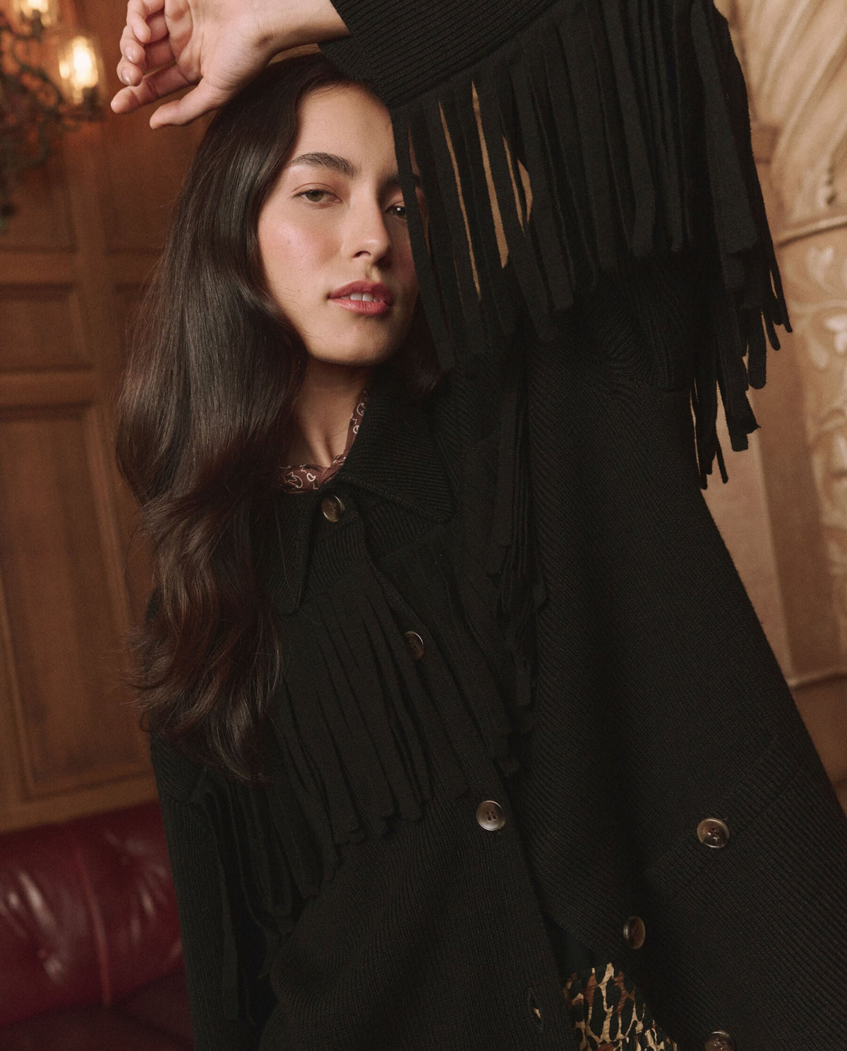 The Great Western Fringe Sweater Jacket Black point collar and button front in a straight boxy cut
