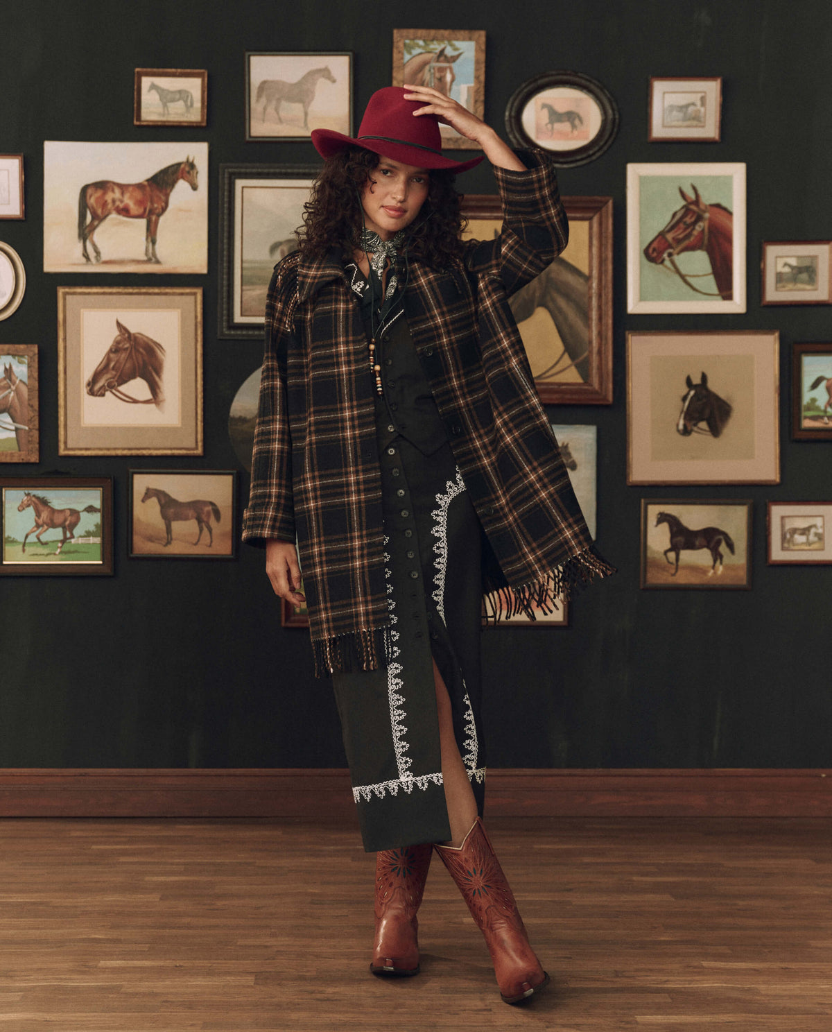 Stetson x THE GREAT Fringe Coat caramel and black frontier plaid wool blend blanket coat womens western boutique Utah SKU J448066