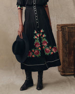 The Great Heirloom Rose Highland Skirt a black button up skirt with embroidered roses at boltranchstore.com