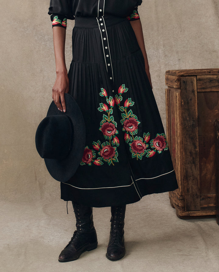 The Great Heirloom Rose Highland Skirt a black button up skirt with embroidered roses at boltranchstore.com