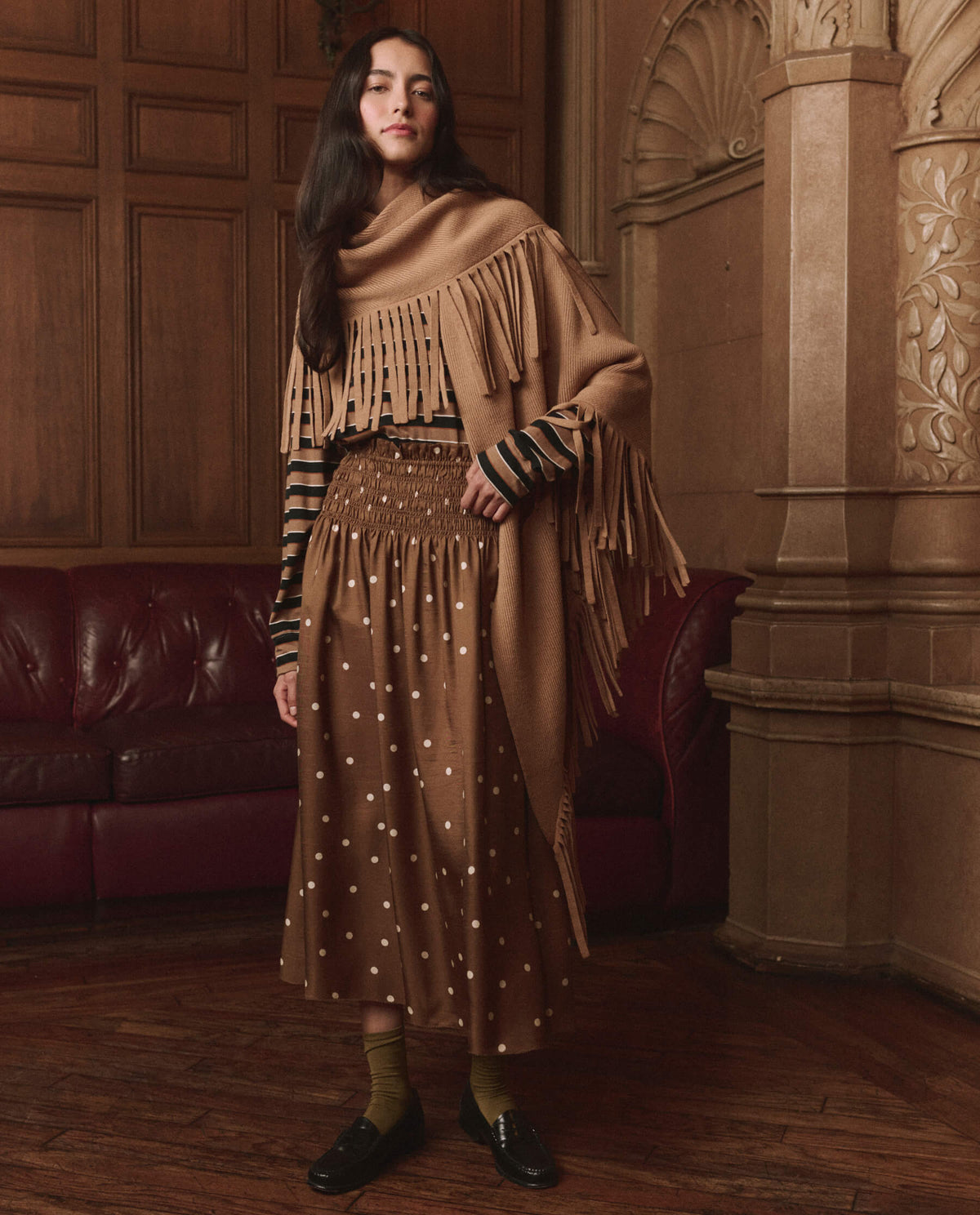 The Great Big Sweater Fringe Scarf Camel paired with a striped crew and copper dot skirt ranch wear