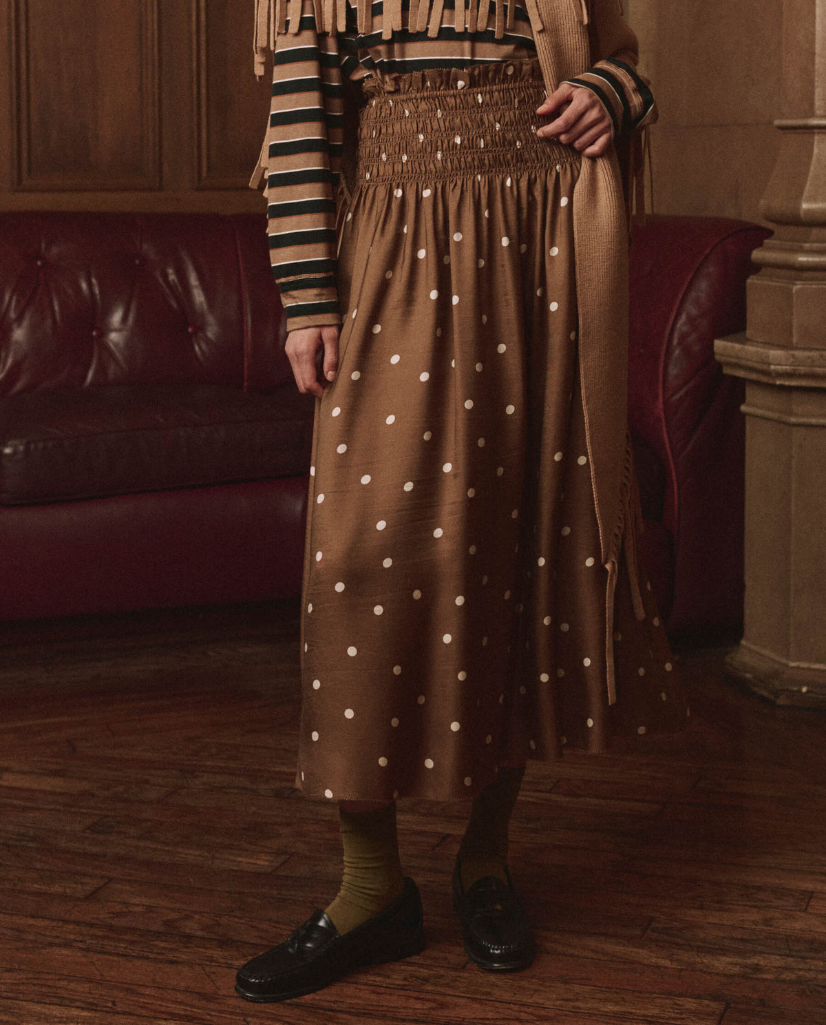 The Great Canary Skirt Copper Bubble Dot smocked waistband with rows of channeled elastic